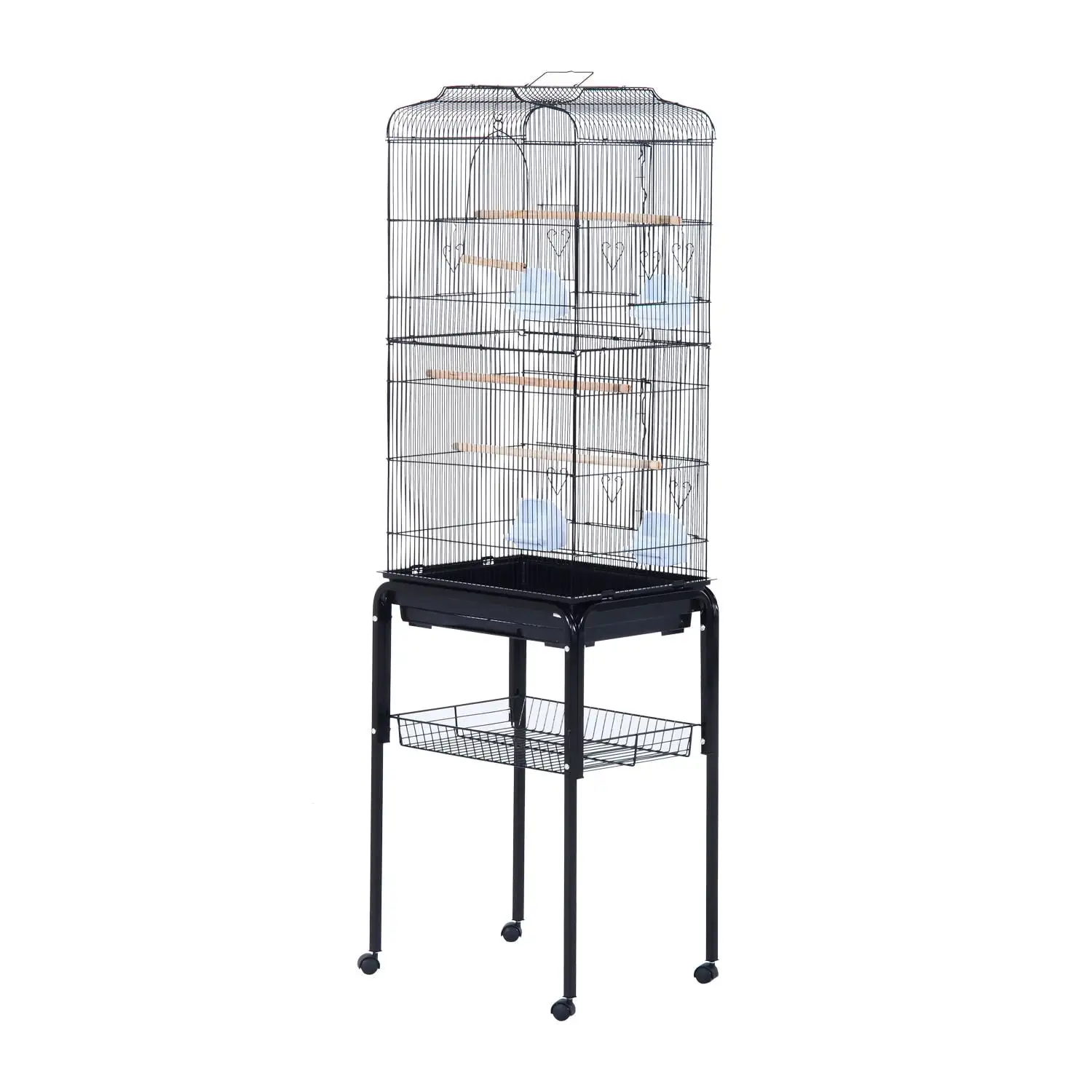 PawHut 60 Metal Indoor Bird Cage Starter Kit With Detachable Rolling Stand. Storage Basket. And Accessories. Black