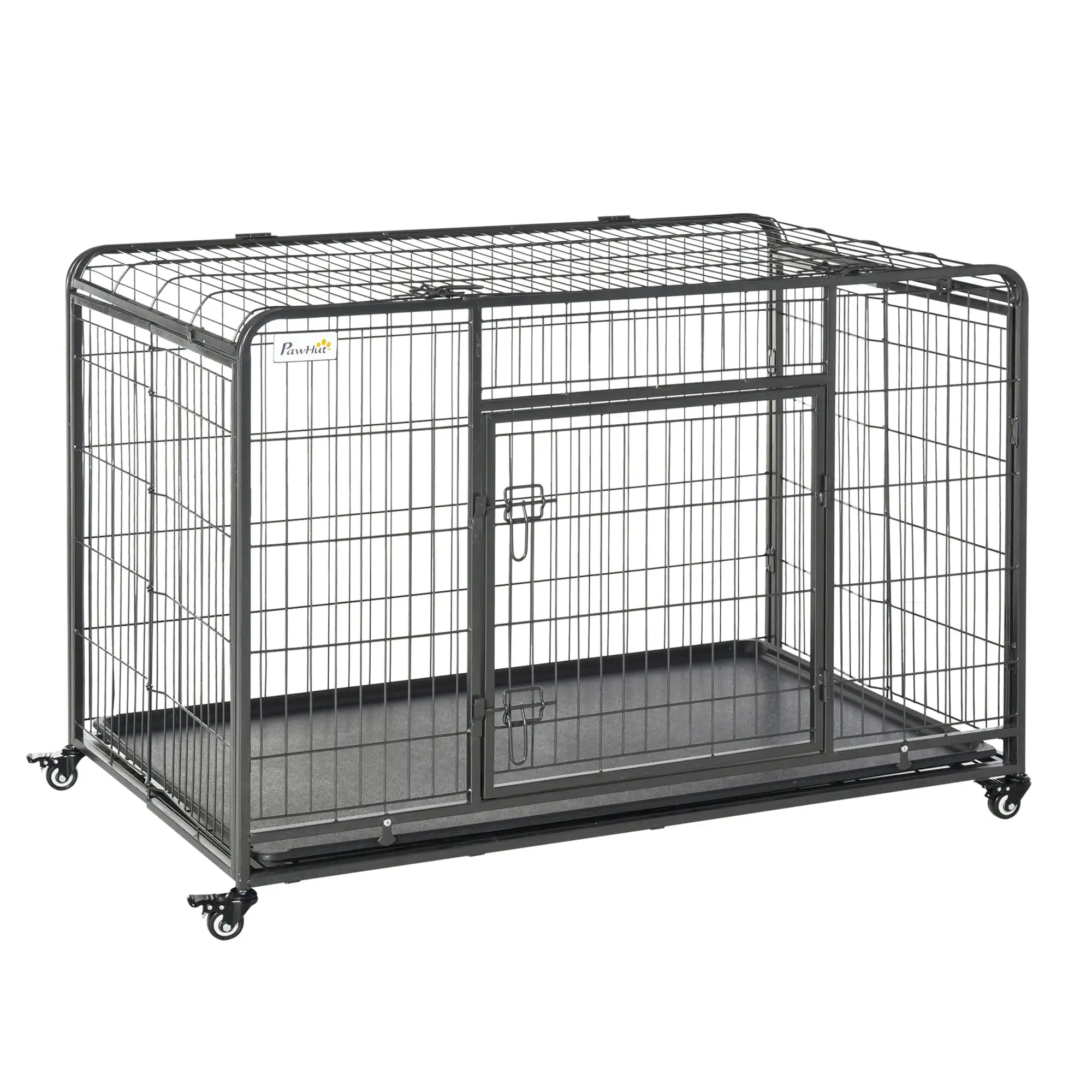 PawHut Folding Design Heavy Duty Metal Dog Cage Crate & Kennel with Removable Tray and Cover. & 4 Locking Wheels. Indoor/Outdoor 49