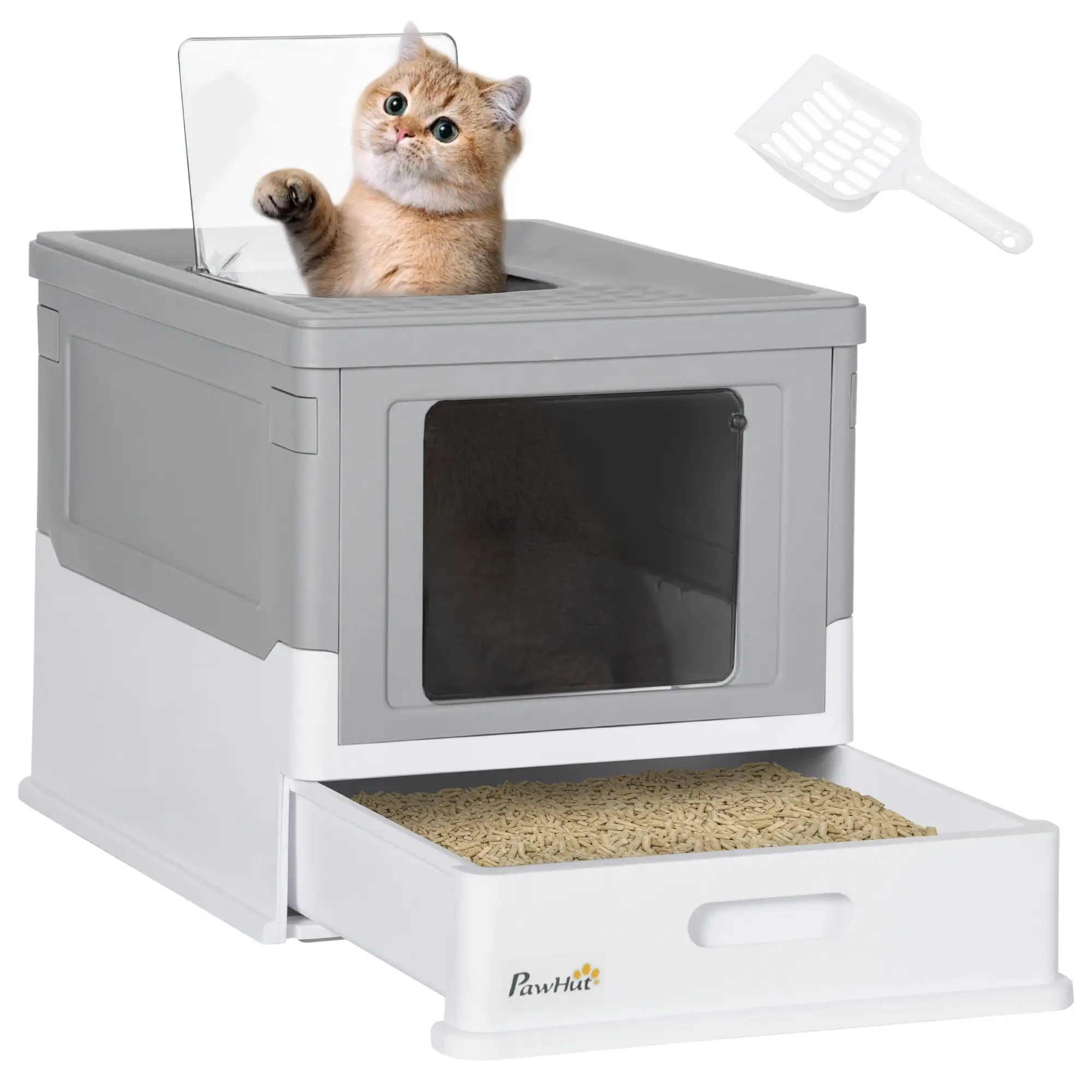 PawHut Fully Enclosed Cat Litter Box with Front Entry. Top Exit. Gray