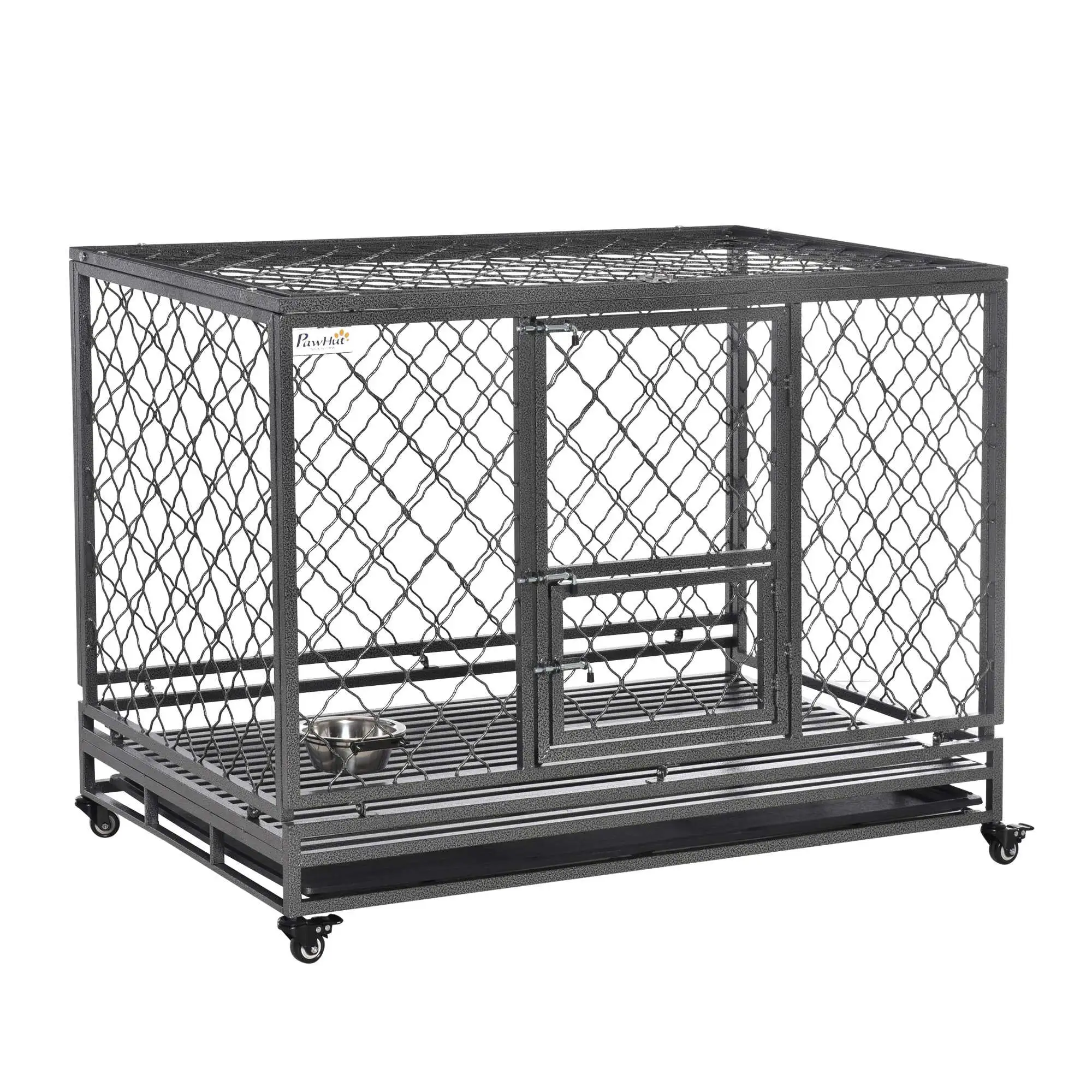 PawHut Heavy Duty Dog Crate Metal Kennel and Cage Dog Playpen with Lockable Wheels. Slide-out Tray. Food Bowl and Double Doors