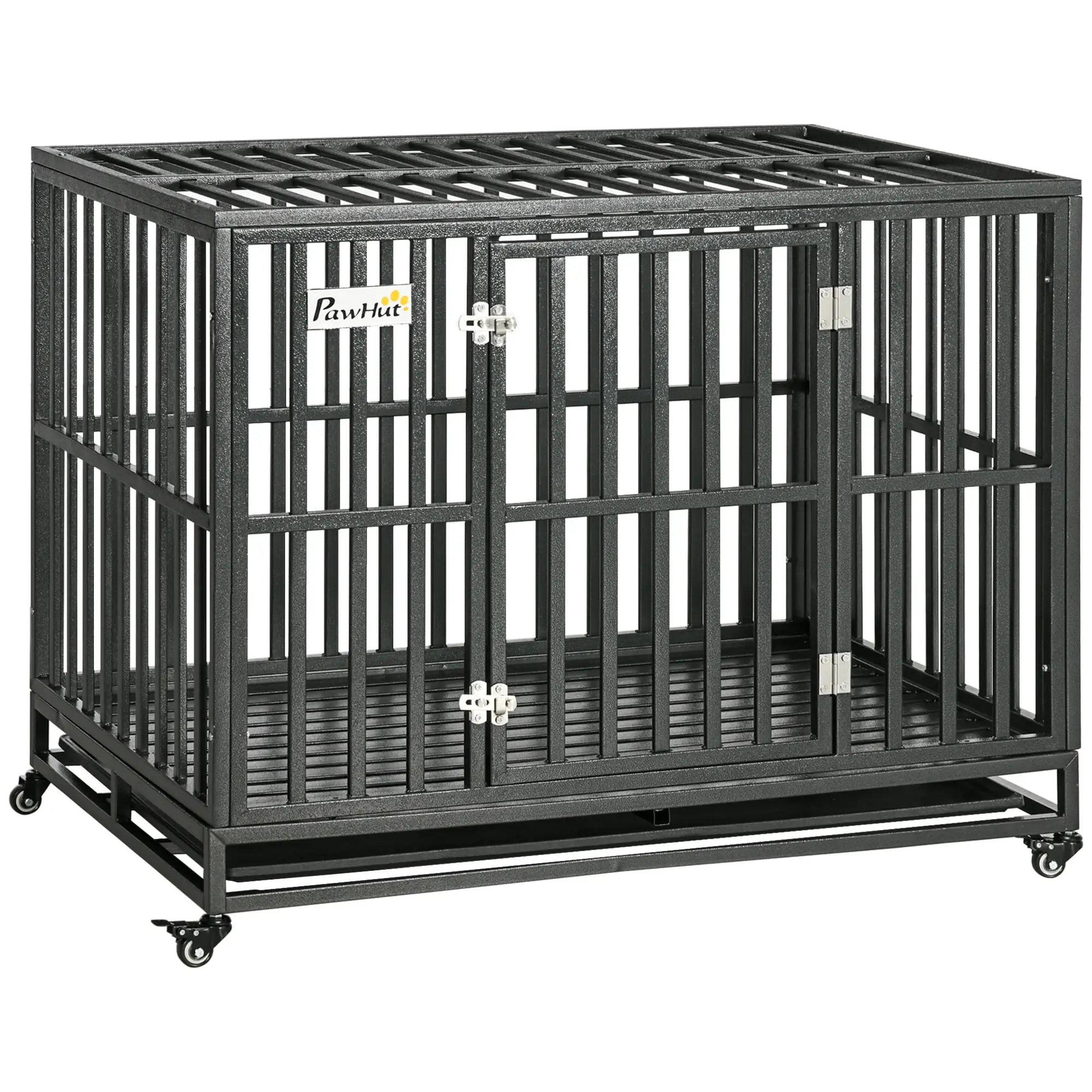 PawHut Heavy Duty Dog Crate Metal Kennel and Cage Dog Playpen with Lockable Wheels. Slide-out Tray and Anti-Pinching Floor