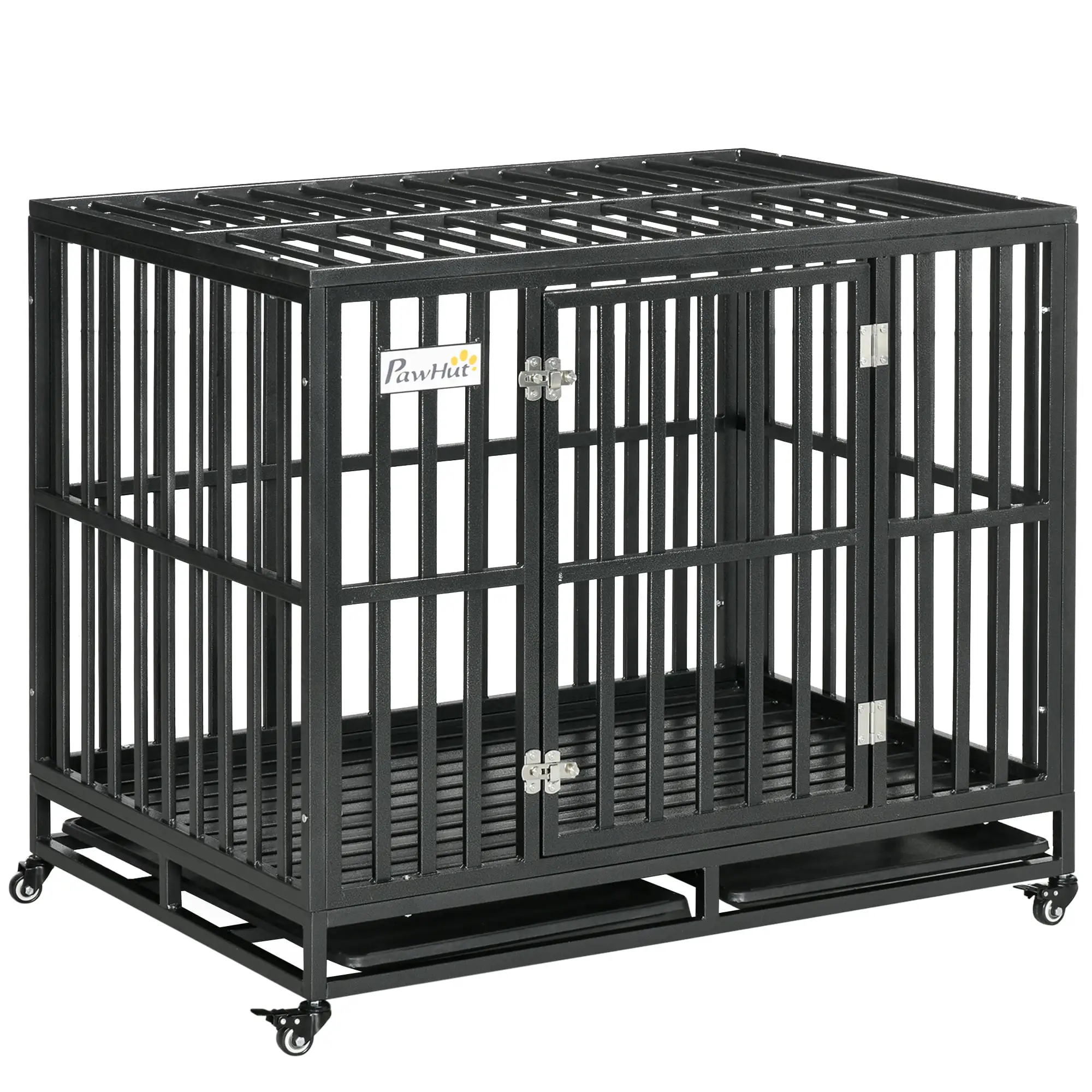 PawHut Heavy Duty Dog Crate Metal Kennel and Cage Dog Playpen with Lockable Wheels. Slide-out Tray and Anti-Pinching Floor