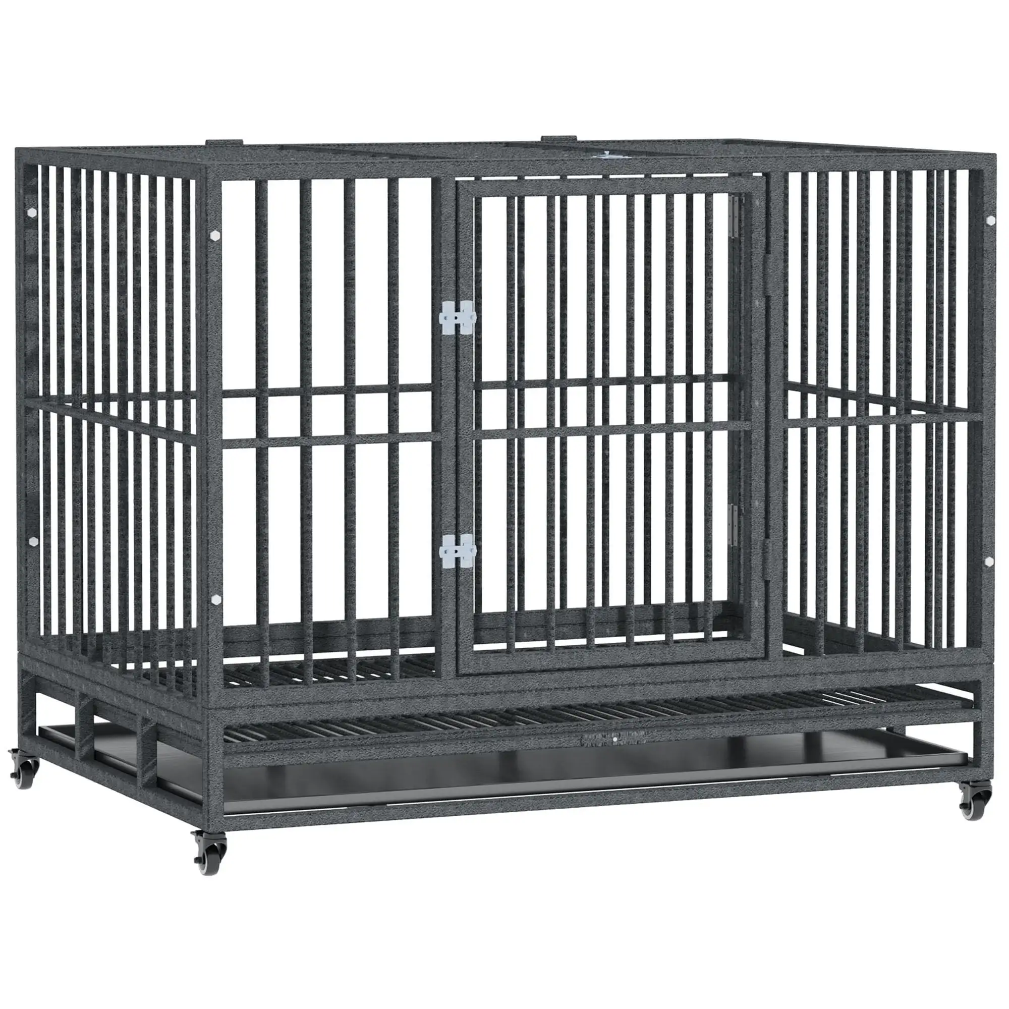 PawHut Heavy Duty Steel Dog Crate with Wheels. Gray. Large. 42L