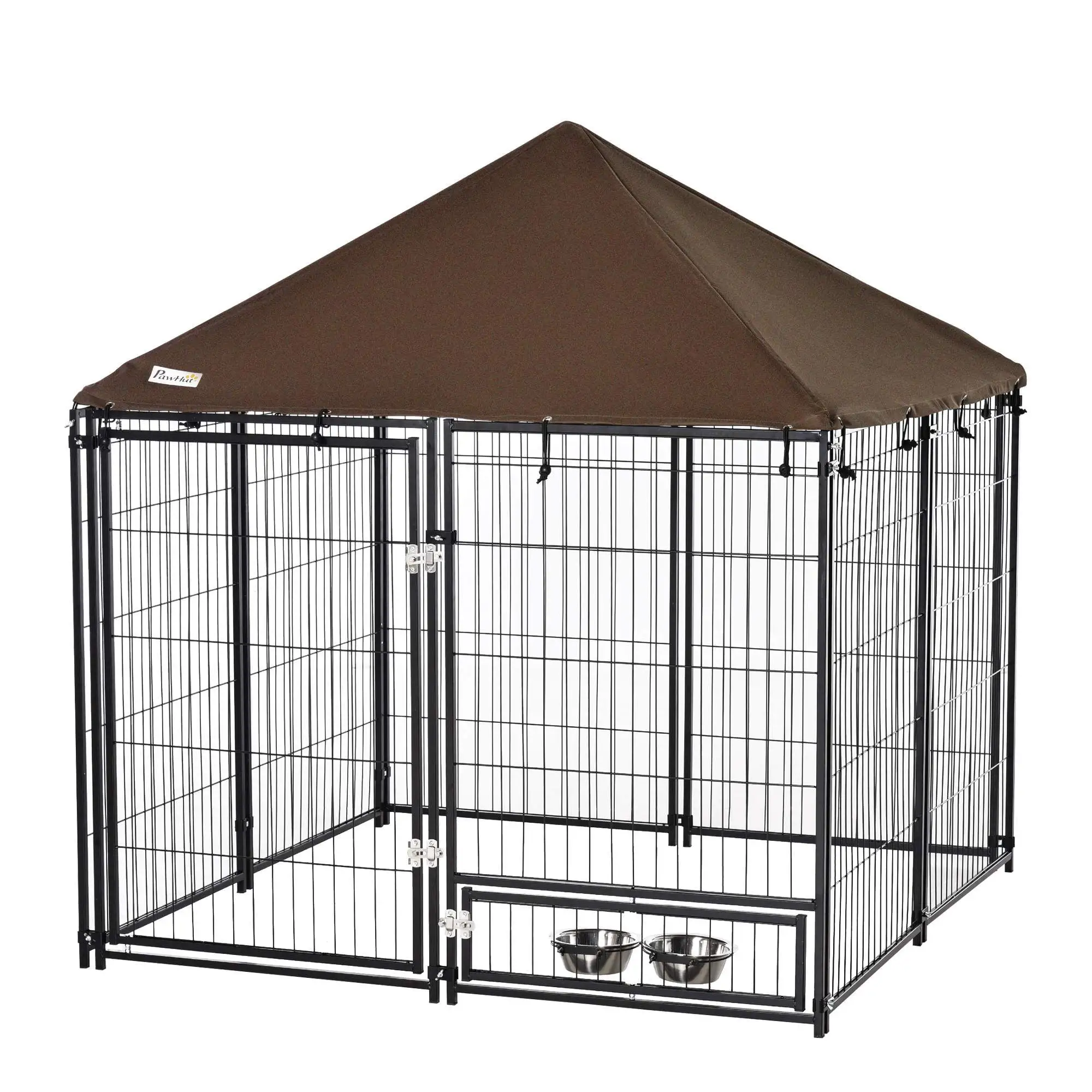 PawHut Outdoor Dog Kennel. 4.6' x 4.6' x 5' Puppy Play Pen with Canopy Garden Playpen Fence Crate Enclosure Cage Rotating Bowl. Black