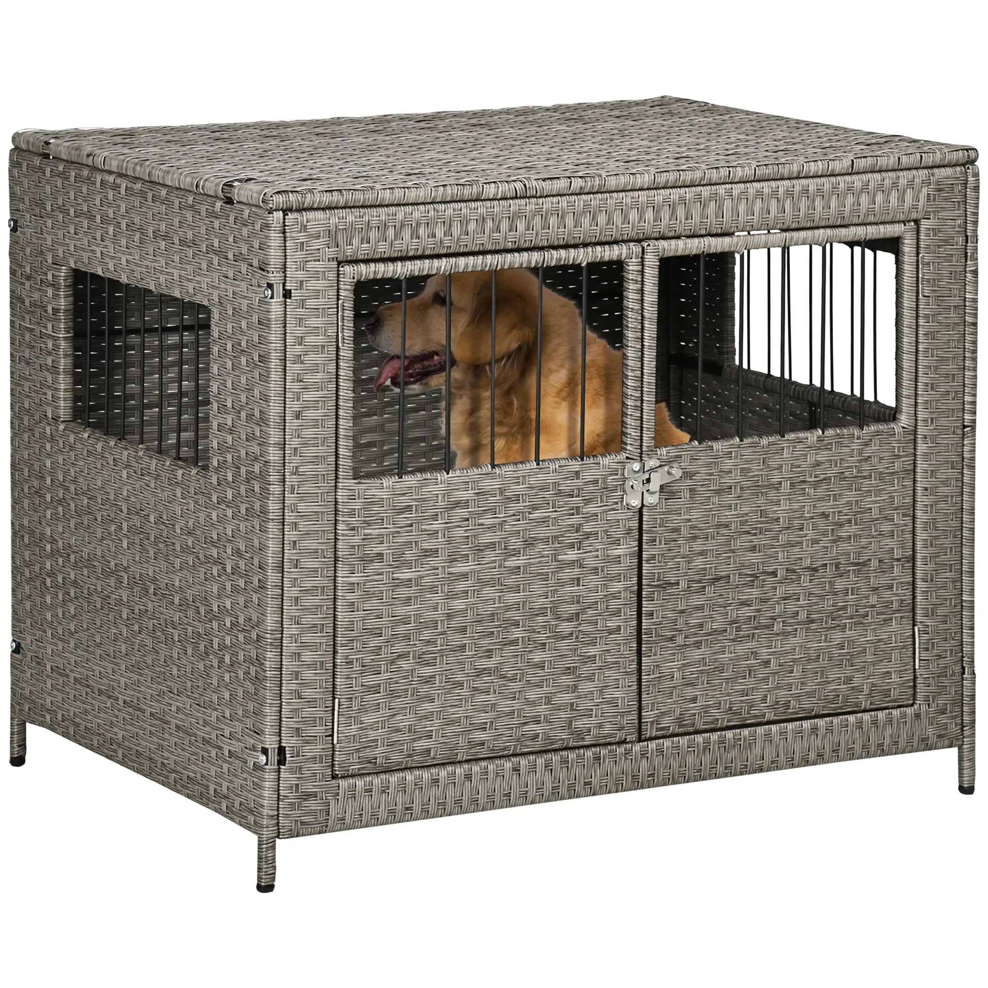 PawHut Rattan Dog Crate with Double Doors. Wicker Dog Cage with Soft Washable Cushion. Dog Kennel Furniture Outdoor Indoor for Medium to Large Sized Dogs. Gray