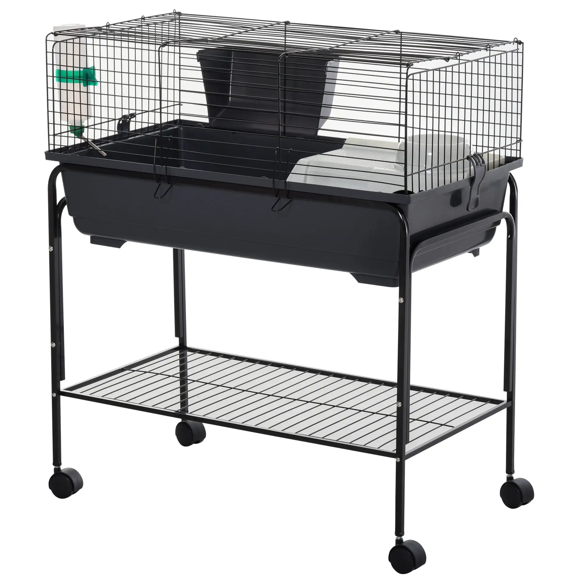 PawHut Small Animal Cage with Rolling Stand. Portable Bunny Cage with Storage Shelf. Guinea Pig Cage. Chinchilla Ferret Cage with Food Dish. Hay Feeder. Water Bottle. 31 x 17 x 36