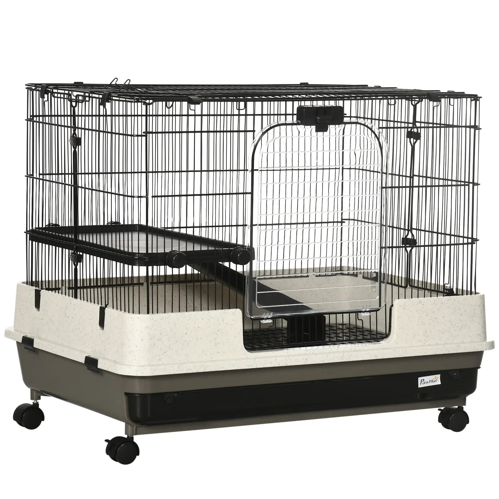 PawHut Small Animal Cage with Wheels. Portable Bunny Cage 2-Tier