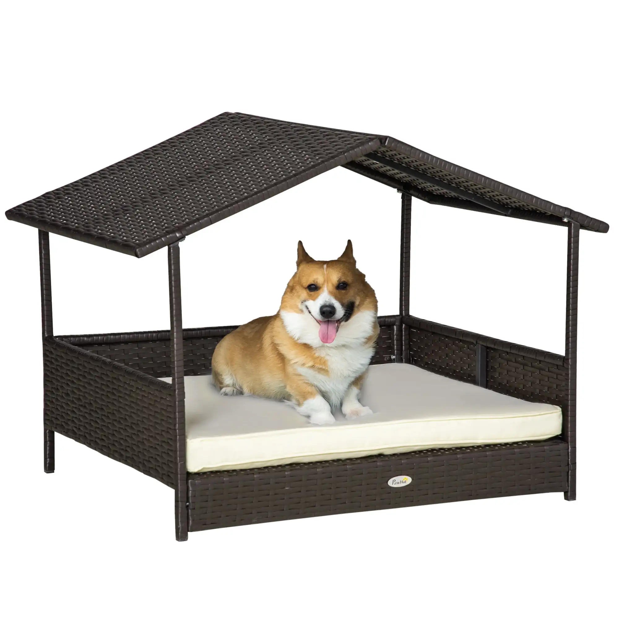 PawHut Wicker Dog House Elevated Raised Rattan Bed for Indoor/Outdoor with Removable Cushion Lounge. Cream