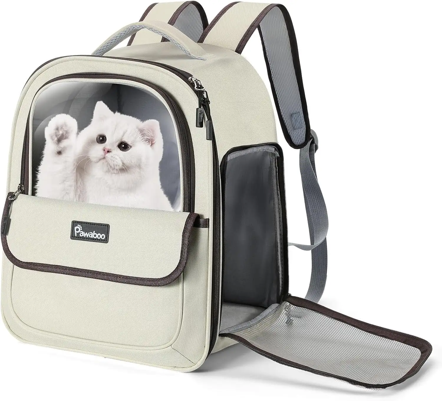 Pawaboo Cat Carrier Backpack. Bubble Backpack Carrier with Transparent PVC. Puppy Carrier Backpack Fits for Travel Hiking Walking Outdoor Use. Comfortable Cat Front Carrier Airline Approved. Beige