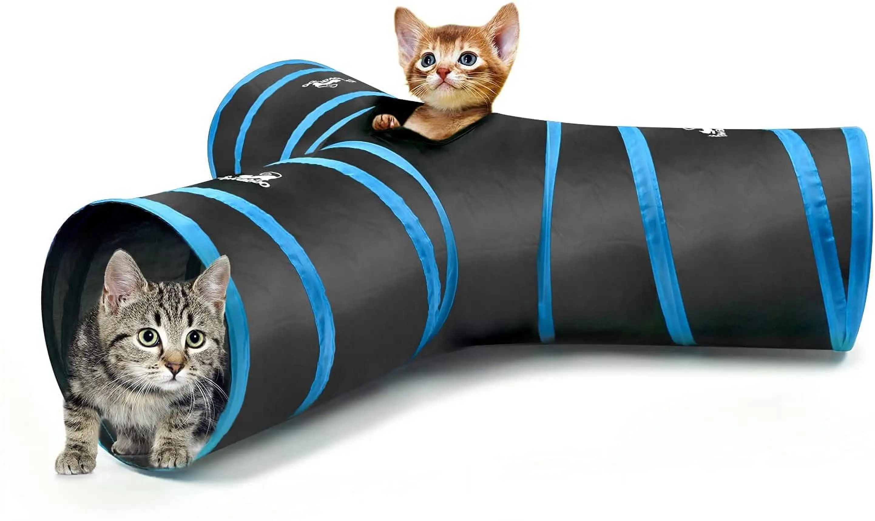 Pawaboo Cat Toys. Cat Tunnel Tube 3-Way Tunnels 25x53cm Extensible Collapsible Cat Play Tent Interactive Toy Maze Cat House Bed with Balls and Bells for Cat Kitten Kitty Rabbit Small Animal. Blue