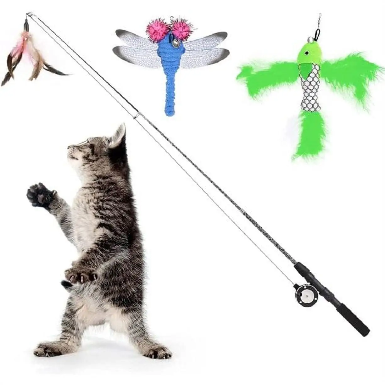 Pawaboo Cat Wand Toy. 4 Pack Feather Cat Toy.Dragonfly with Bells. Fun for Cat Kitty Toy.Green