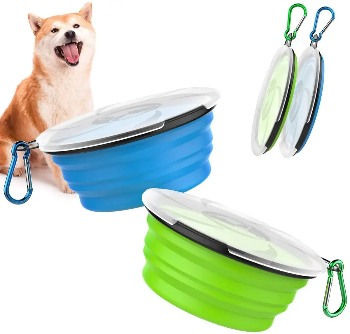 Pawaboo Collapsible Dog Bowls 2 Pack. Silicone Feeding Watering Bowls with Lids & Carabiners for Dogs Cats. Portable Water Feeder Food Bowl for Walking Traveling Home Use. 450ml. Blue + Green