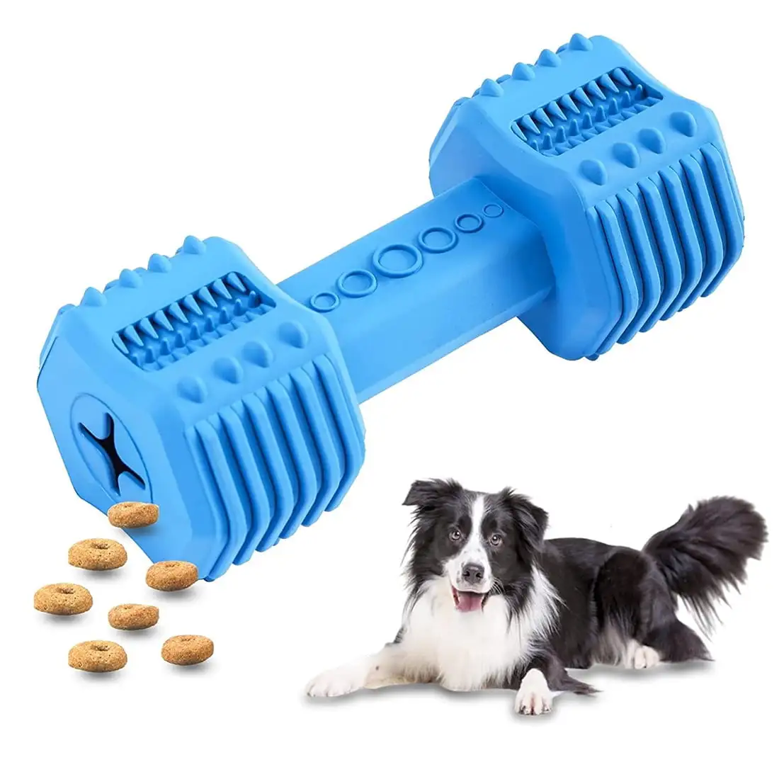 Pawfectpals Indestructible Natural Rubber Dumbbell Dog Chew Toy for Aggressive chewers. Interactive Puzzle Toy. Food Dispenser Feeder. Bite Resistant for Teeth Dental Cleaning-Insert Treats (Blue)