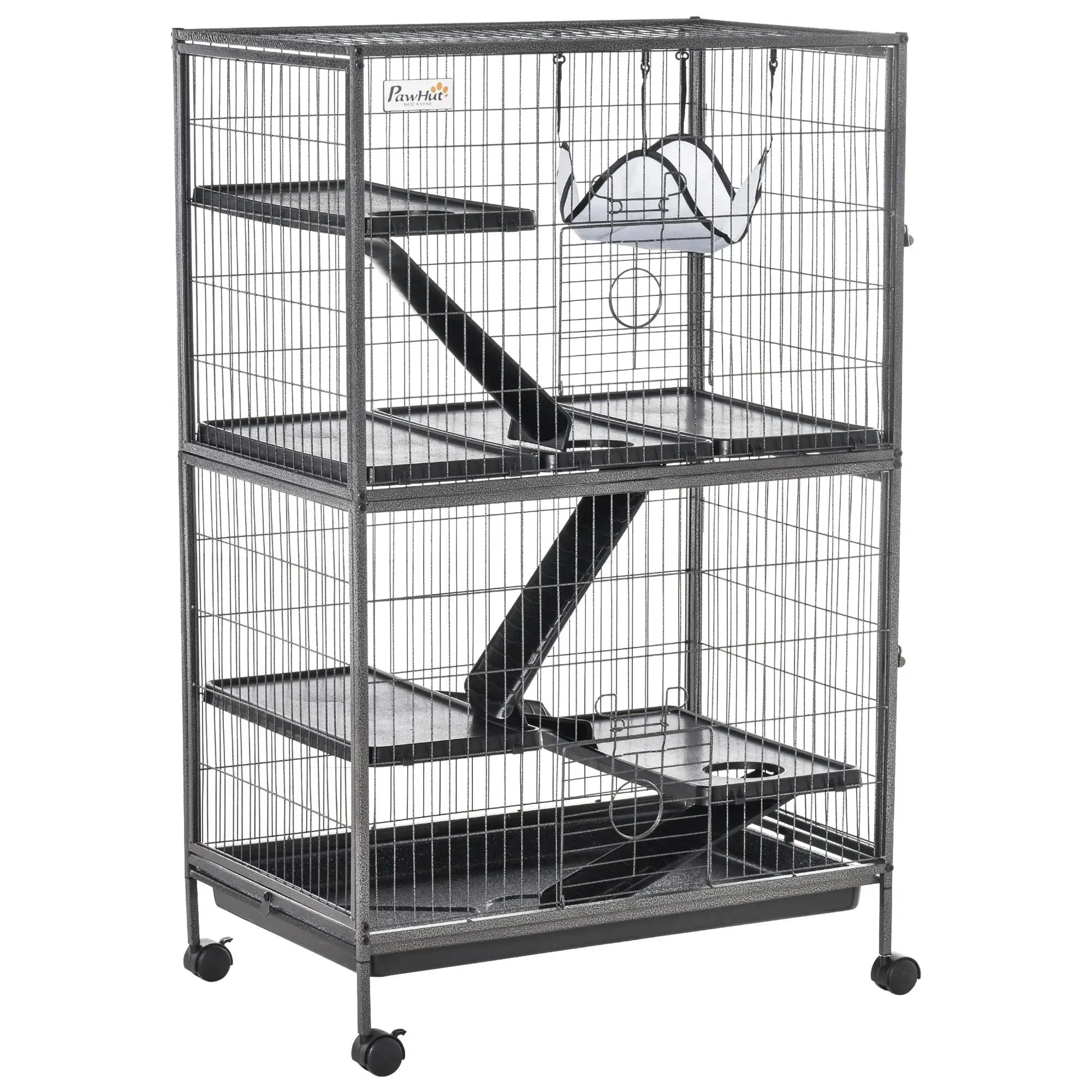 Pawhut 50 4 Tier Steel Plastic Small Animal Pet Cage Kit with Wheels. Silver Gray Hammertone