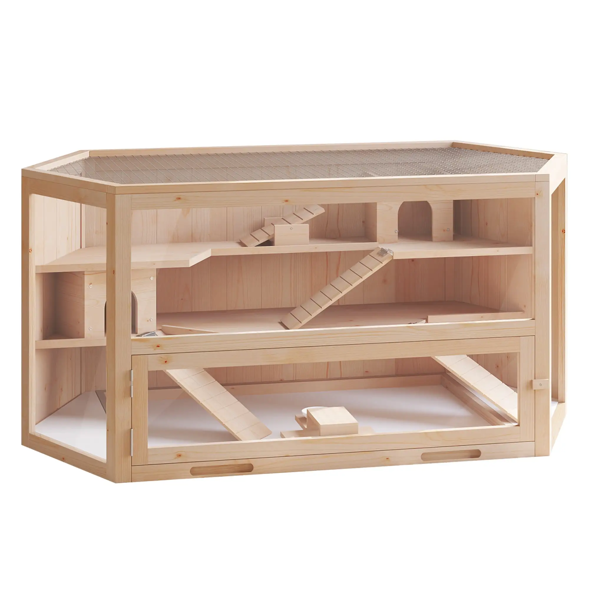 Pawhut Compatible Wooden 3-Tier Hamster Cage Hutch Box with Seesaw. Natural