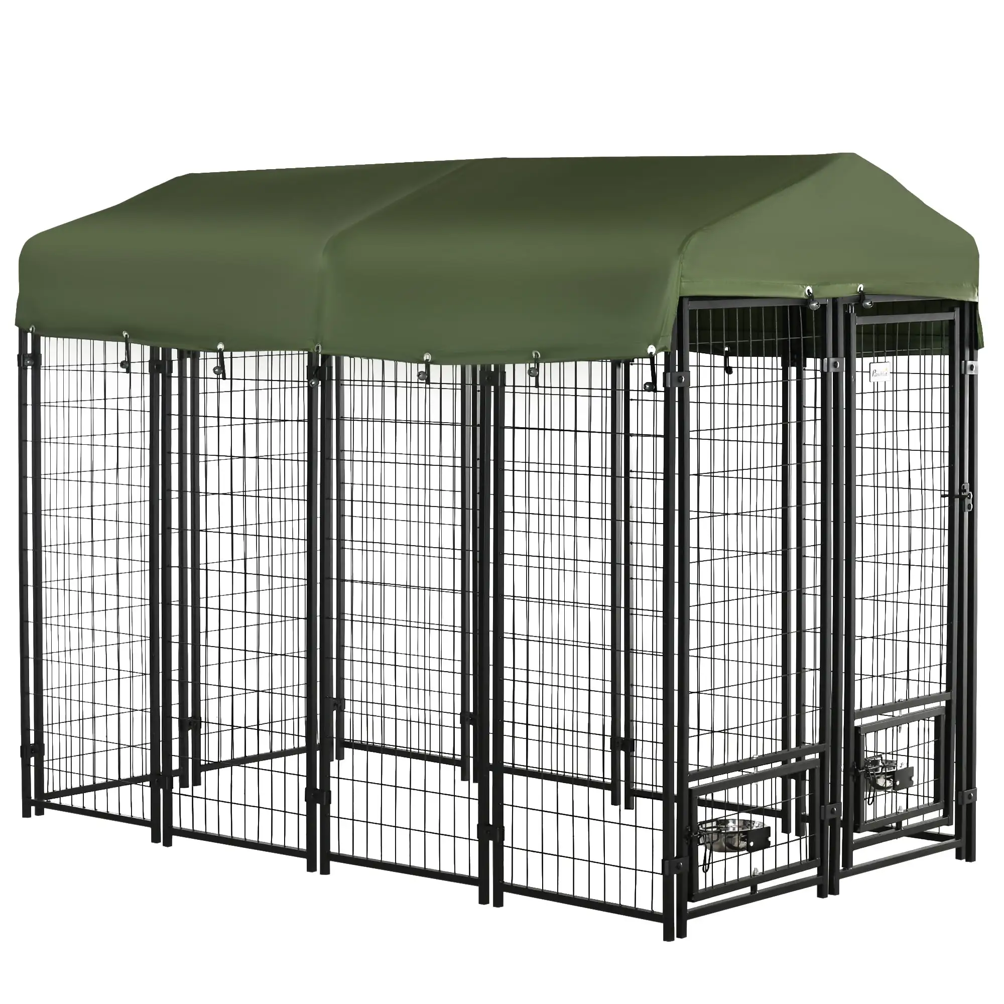 Pawhut Outdoor Dog Kennel. Lockable Pet Playpen Crate. Welded Wire Steel Fence. with Water. UV-Resistant Canopy. Rotating Bowl Holders. Door. 8ft x 4ft x 6ft. Green and Black