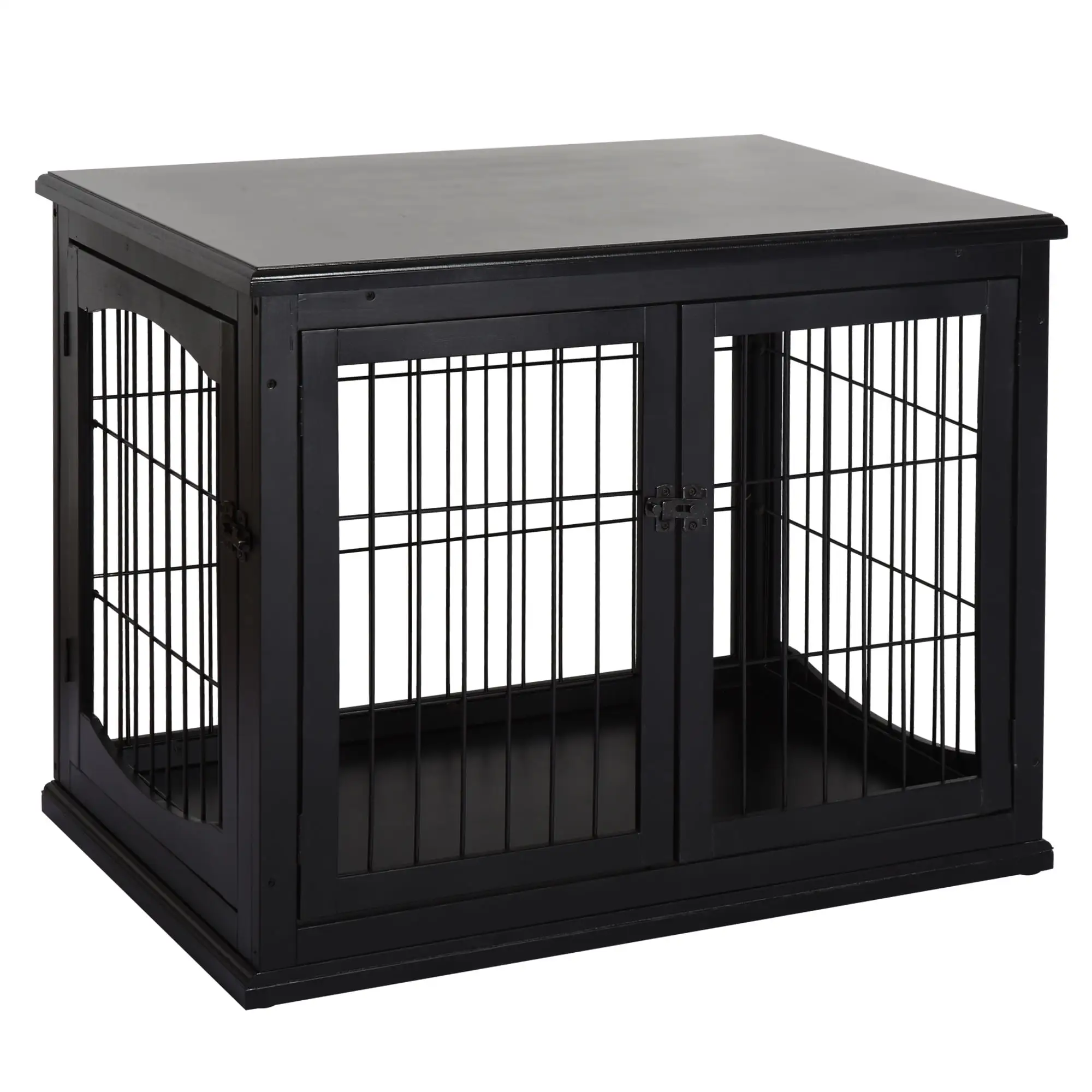 Pawhut Wooden Decorative Dog Cage Pet Crate Kennel with Double Door Entrance. Black. 26''