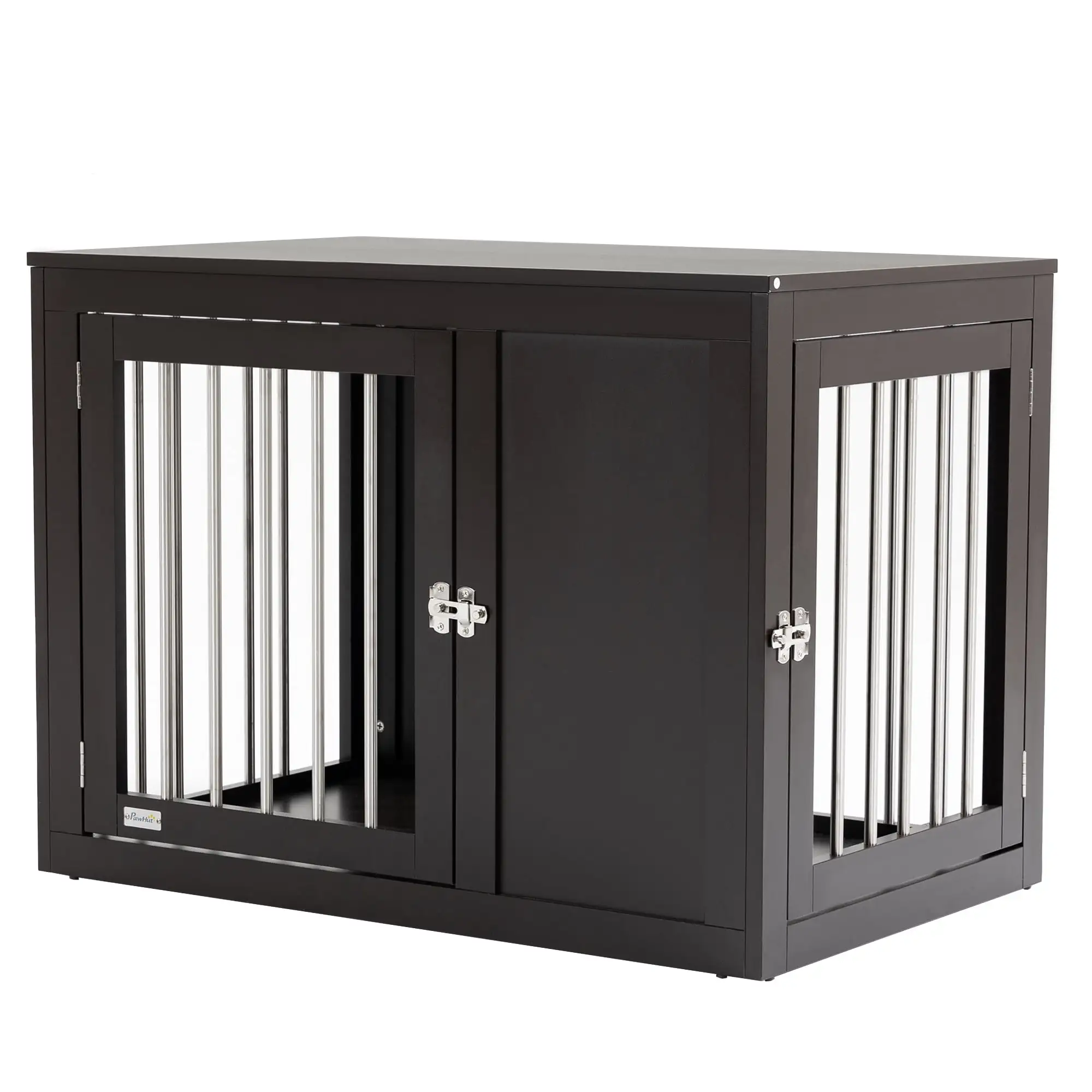 Pawhut Wooden Dog Crate Furniture Wire Pet Cage Kennel. End Table with Double Doors. and Locks. for Medium and Large Dog House Indoor Use. Coffee