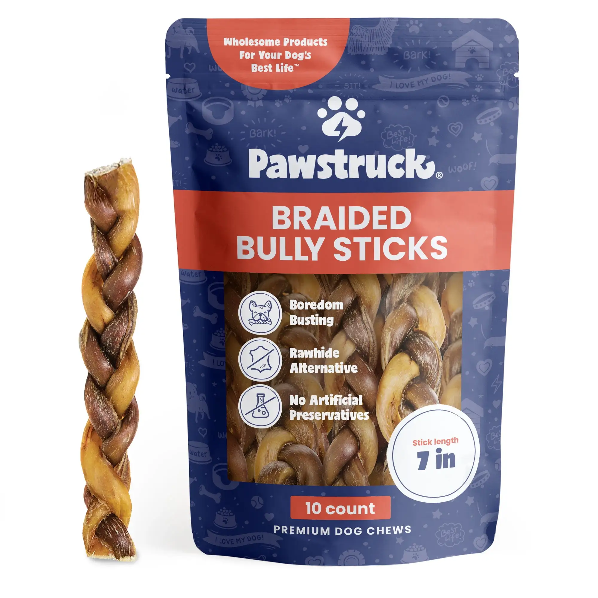 Pawstruck All-Natural 12 Braided Bully Sticks for Dogs - Healthy Rawhide Free - 10 Count