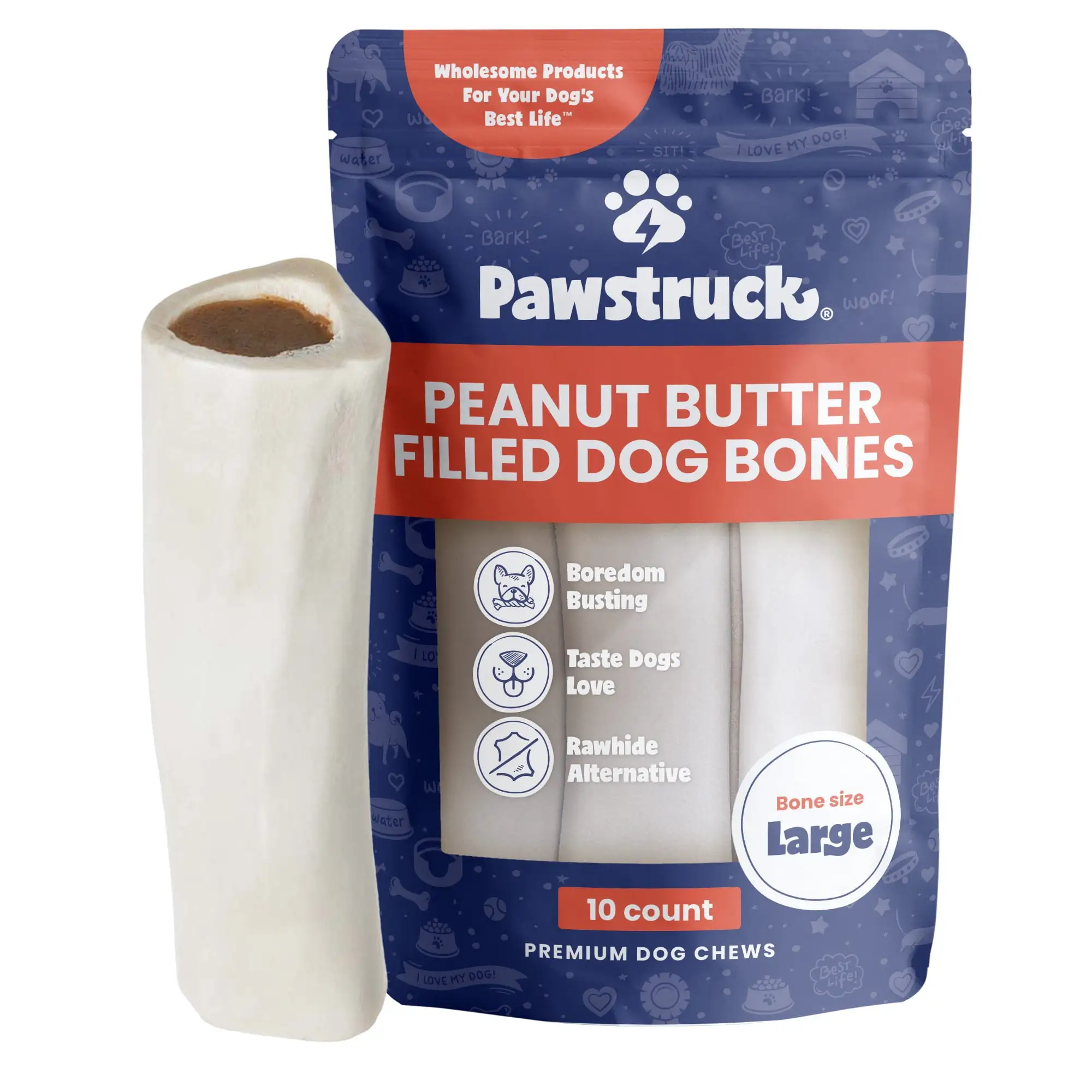 Pawstruck Large 5-6 Filled Dog Bones. Peanut Butter Flavor - Made in USA Long Lasting Stuffed Femur for Aggressive Chewers Dental Treat - Pack of 10