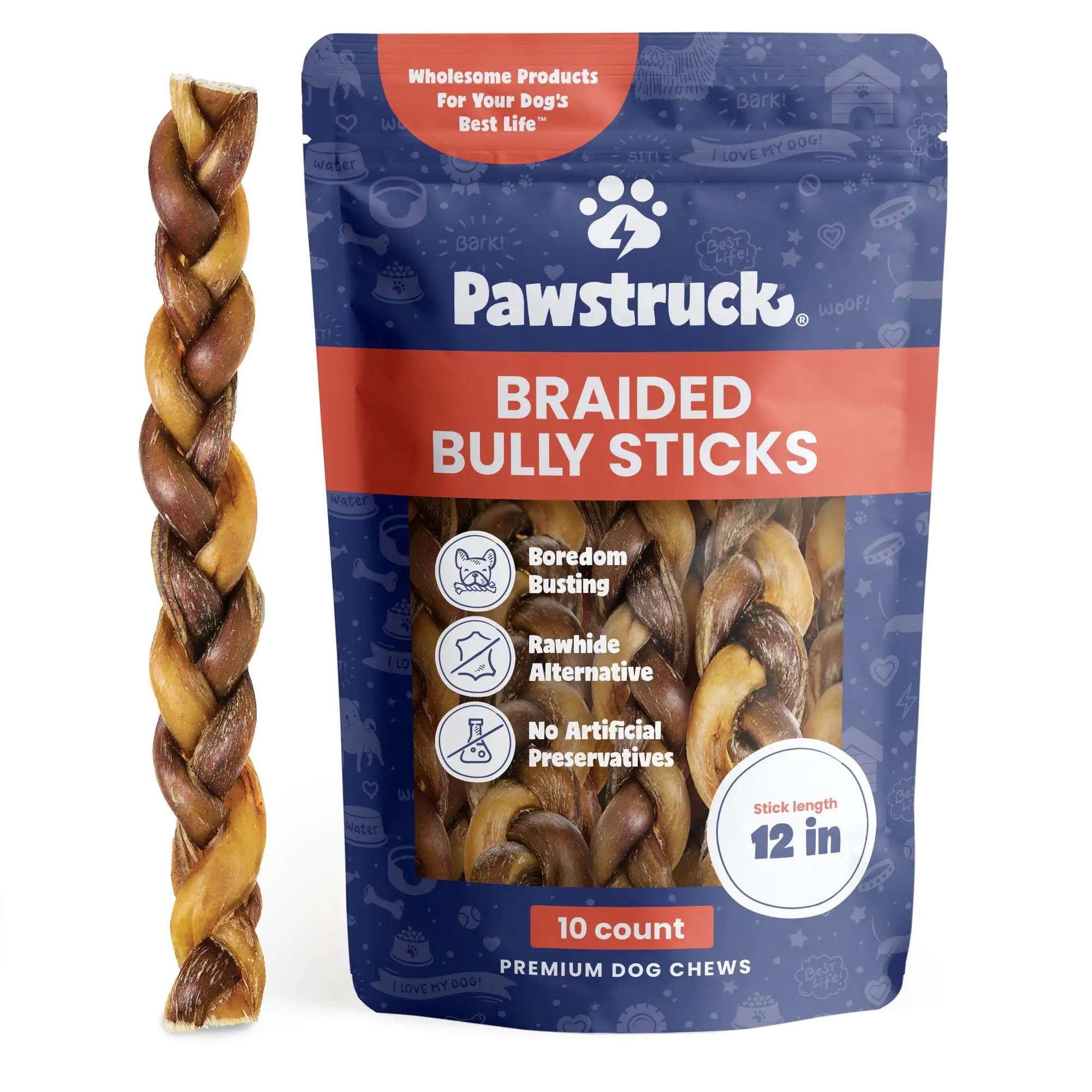 Pawstruck Natural 12 Braided Bully Stick Chews for Dogs. Single Ingredient. 10 Count