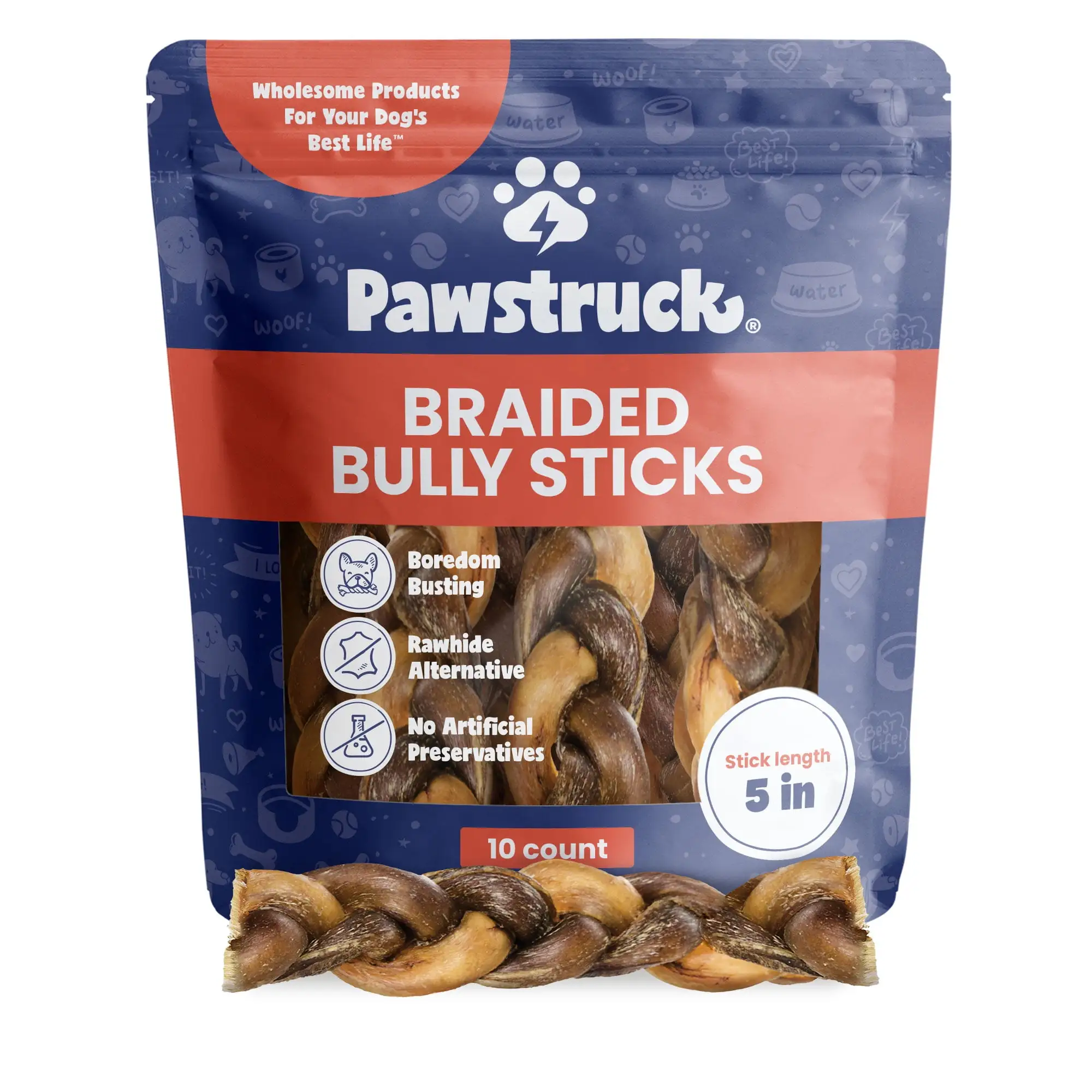 Pawstruck Natural 5 Braided Bully Sticks for Dogs - Healthy Rawhide Free - 10 Count