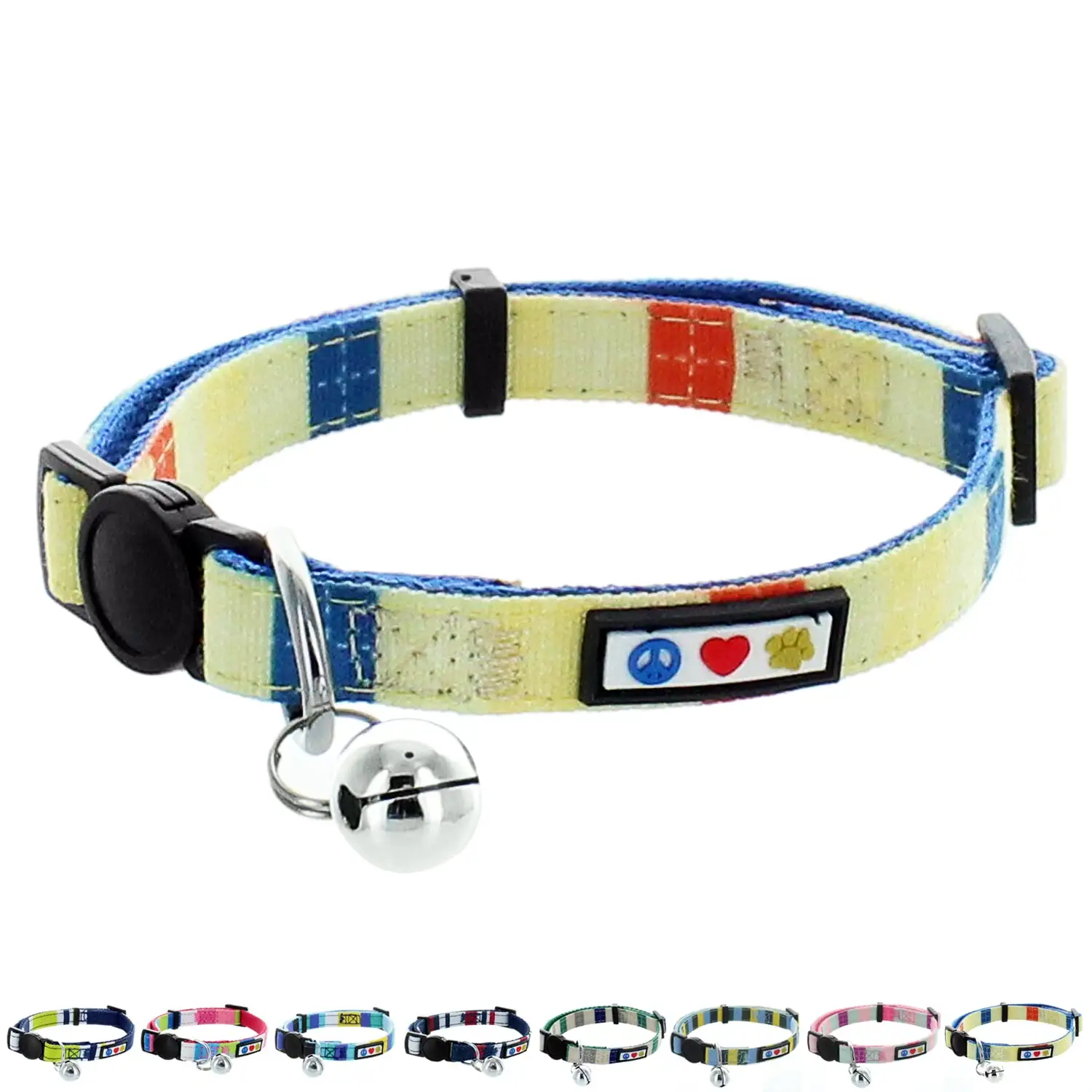 Pawtitas Pet Multicolor Cat Collar Safety Buckle Removable Bell Cat Collar Kitten Collar Blue / Orange / Yellow Cat Collar