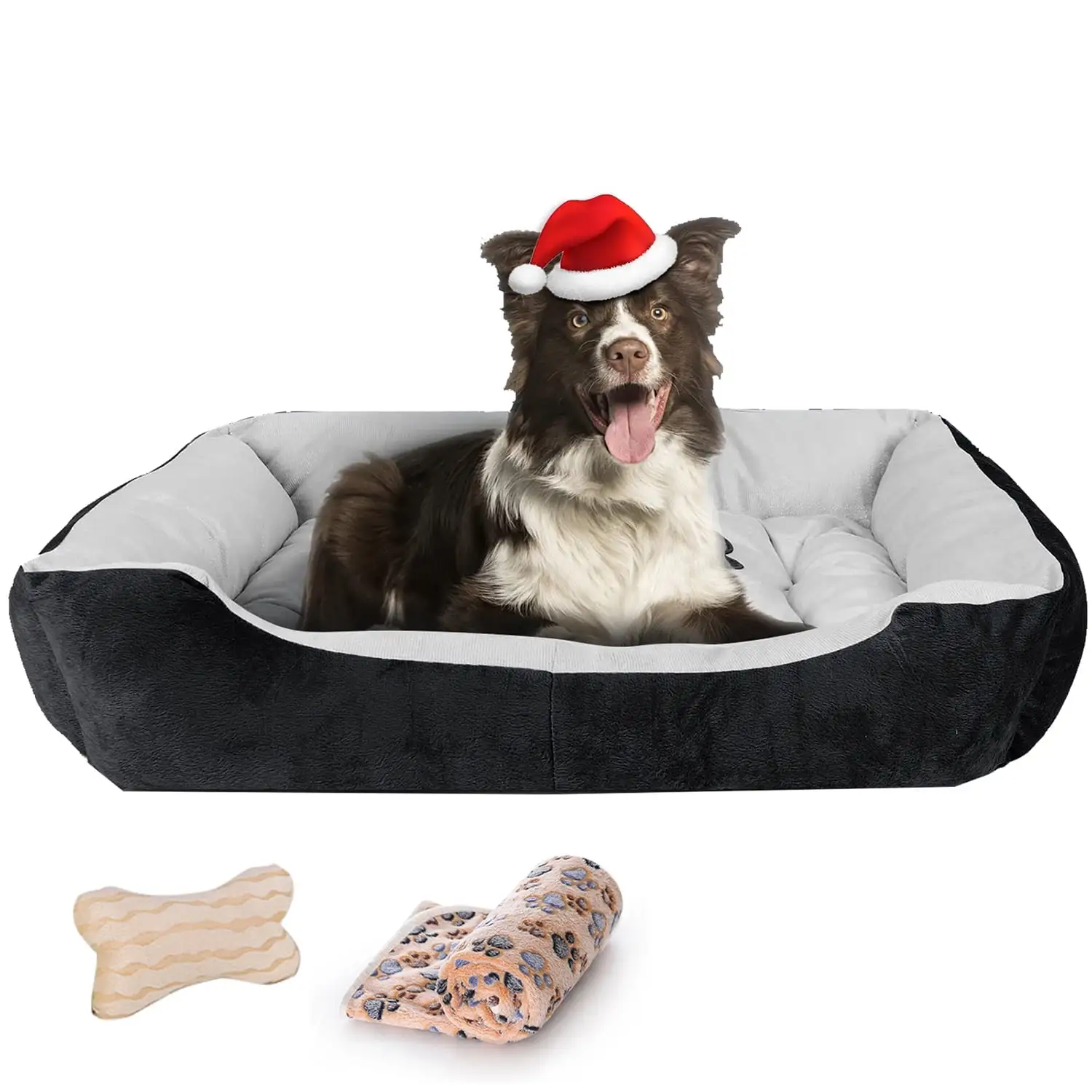 PayUSD 31.5 Dog Beds for Medium Dogs with Dog Blanket & Bone Plush Toy Rectangle Washable Cat Bed Warming Orthopedic Pet Bed Calming Dog Bed for Medium Dogs. Black. M