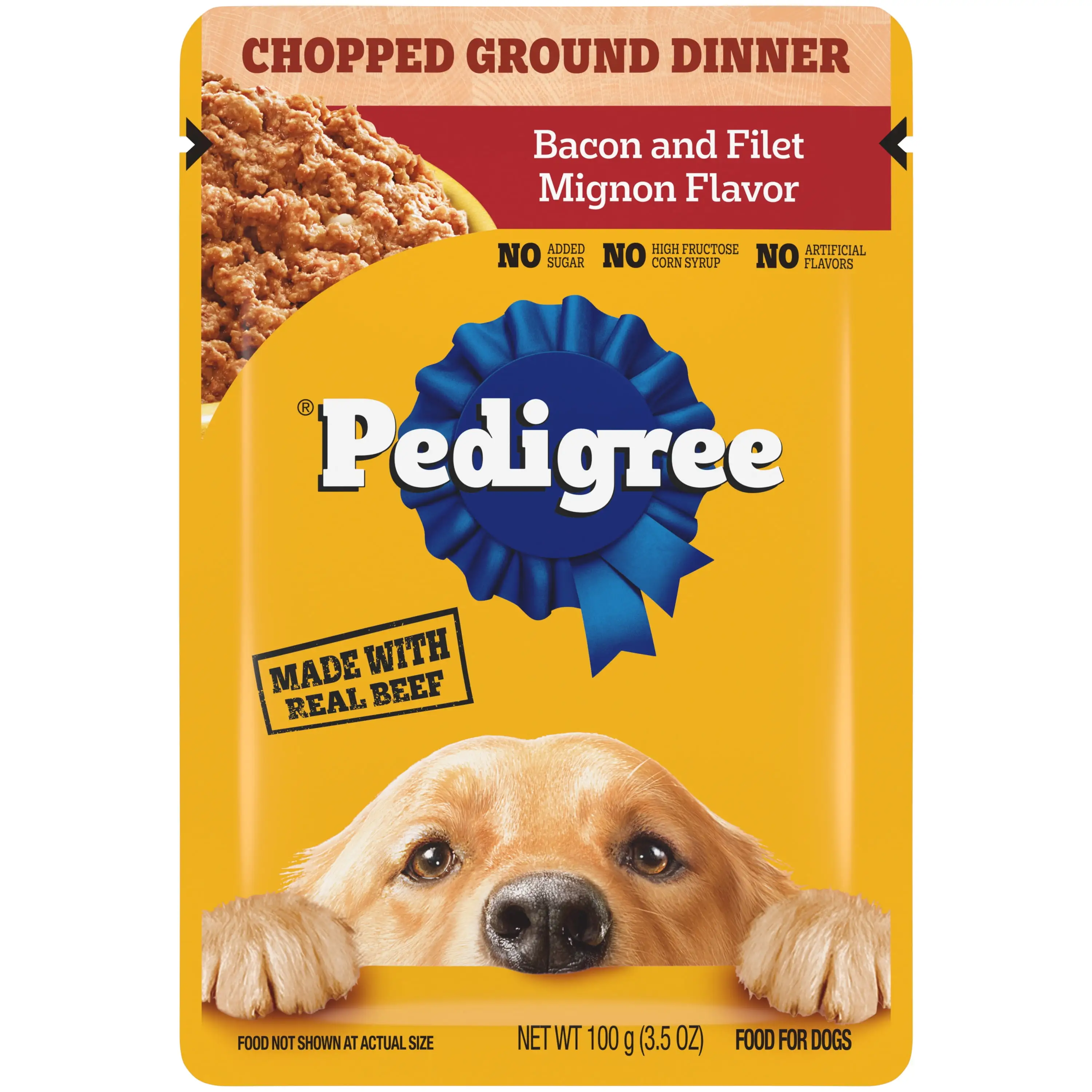 Pedigree Chopped Ground Dinner Adult Soft Wet Dog Food. Bacon And Filet Mignon Flavor. 3.5 Oz Pouch