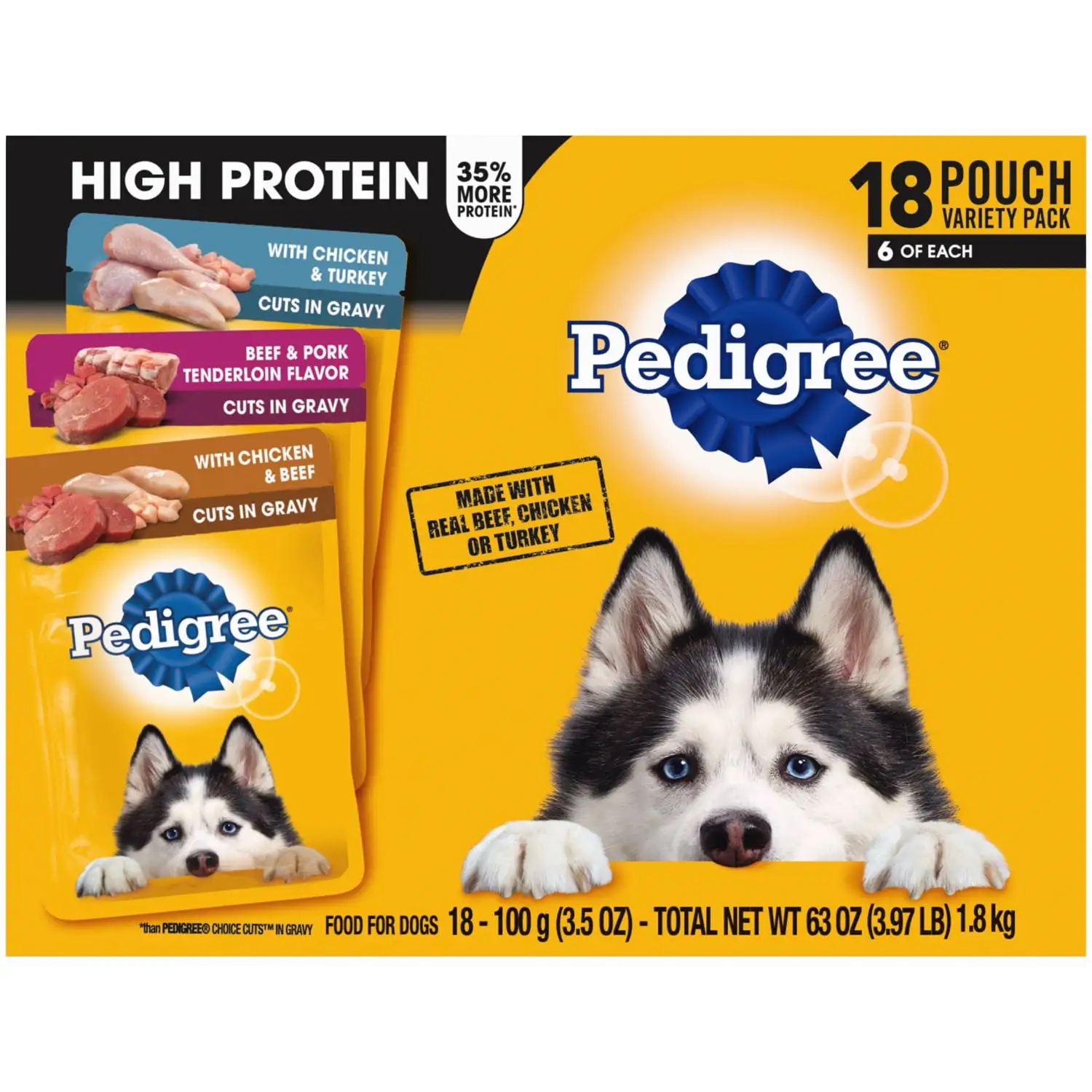 Pedigree High Protein Wet Dog Food Variety Pack. 3.5 oz Pouches (18 Pack)