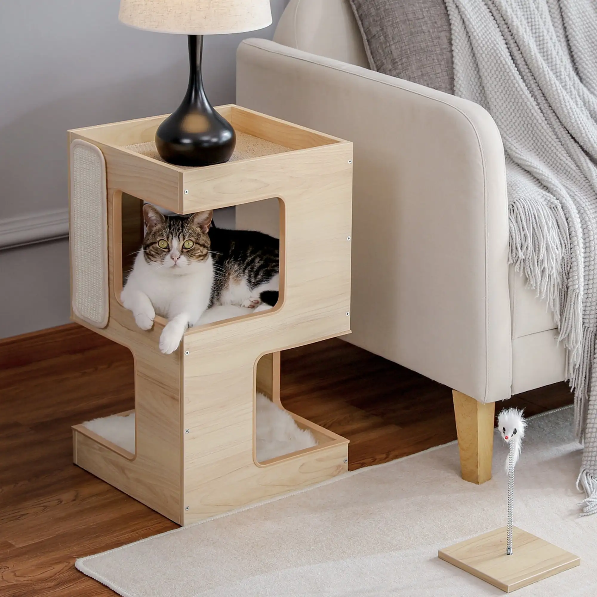 Pefilos 23.6 Cat Tree House for Indoor Cats. Wood Cat House for Kittens. Cat Condo with Free Cat Toy. Scratching Pad and Removable Soft Mats. Beige