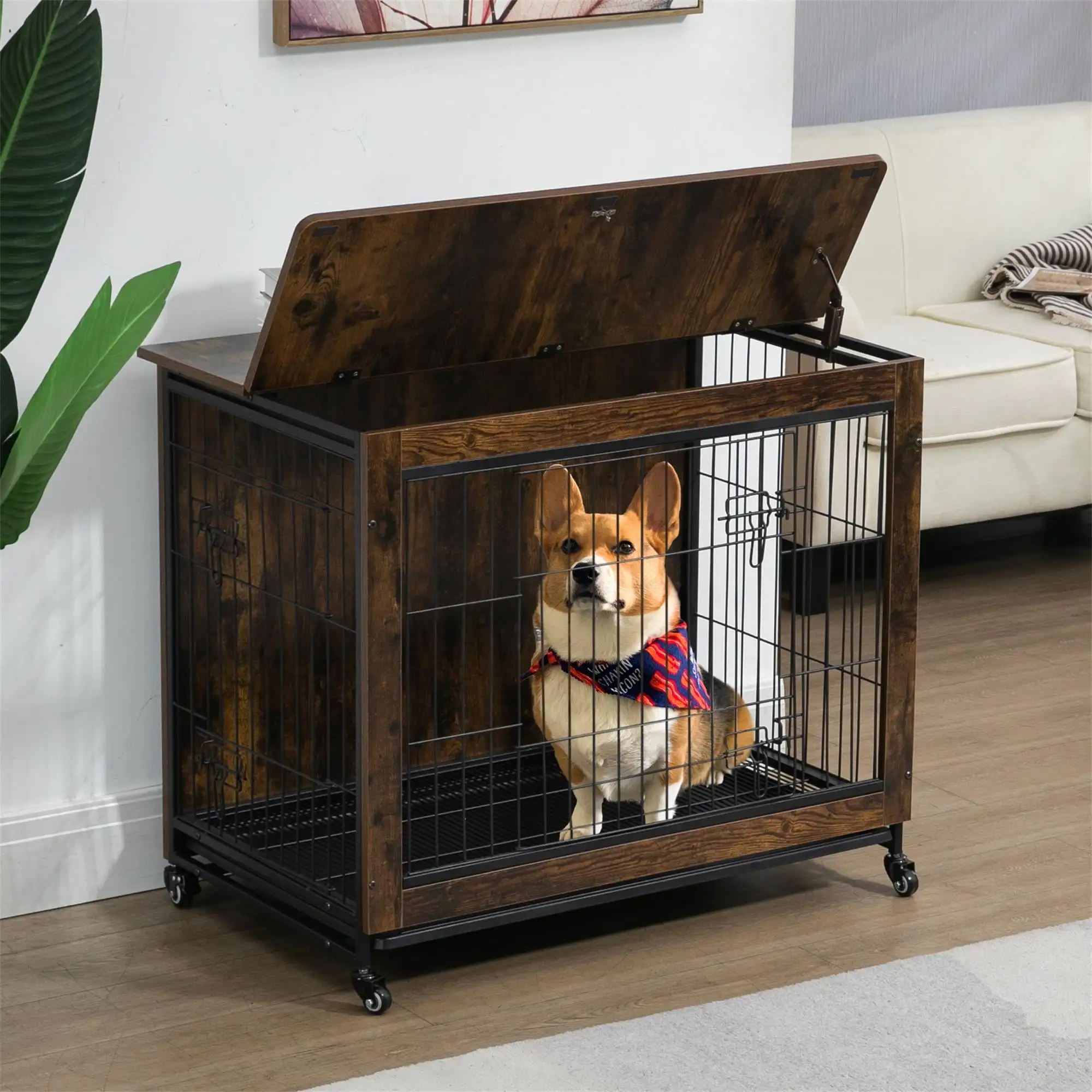 Pefilos 23.6L Wood Dog Crate Furniture with Cushion. Double-Doors Dog Cag for Indoor. Dog House. Dog Kennel for Small Dogs. Brown