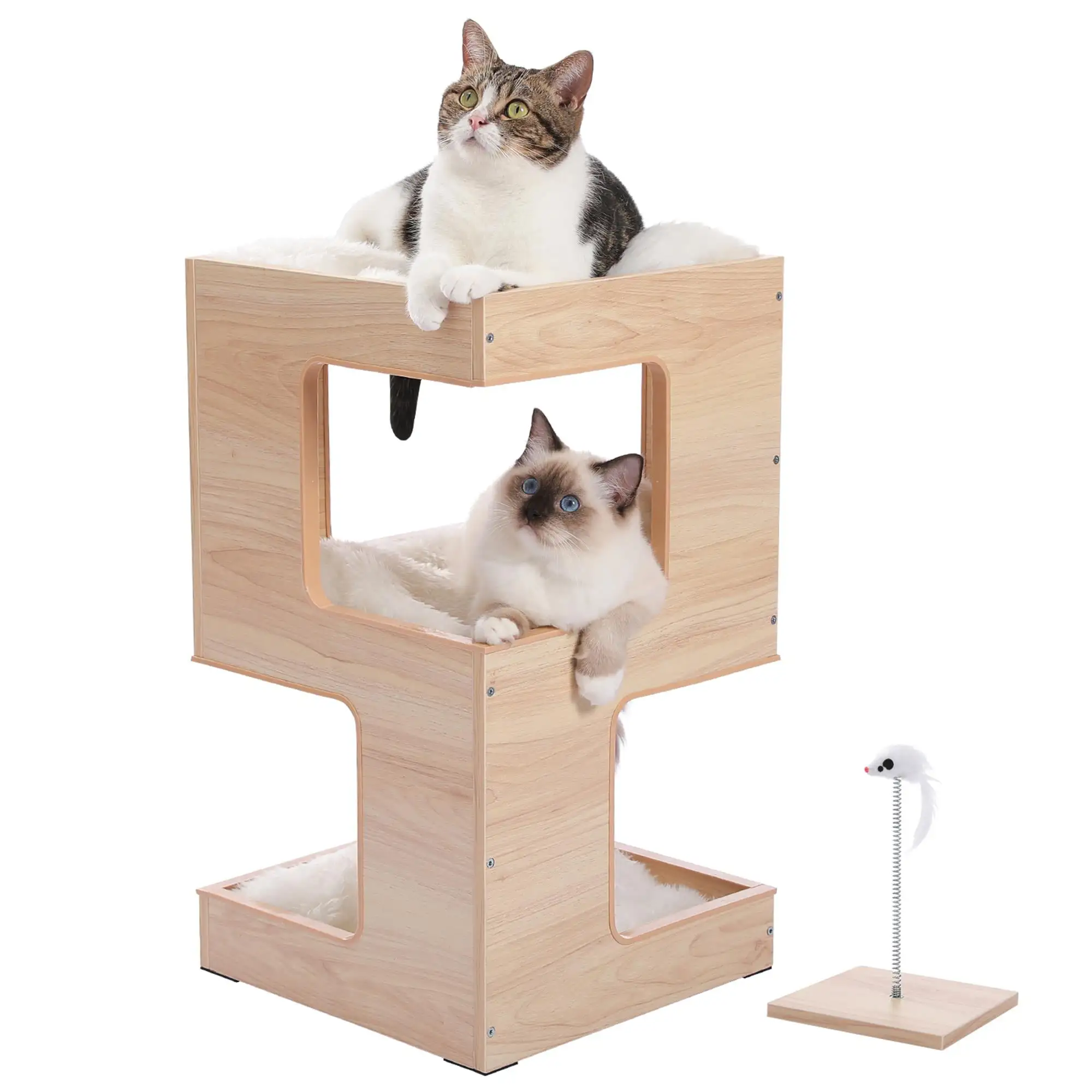 Pefilos 23 Wood Cat House Furniture for Indoor Cats. Modern Cat Tree Tower Bed with Free Cat Toy. Scratching Pad and Removable Soft Mats. Small Cat Condo. Beige