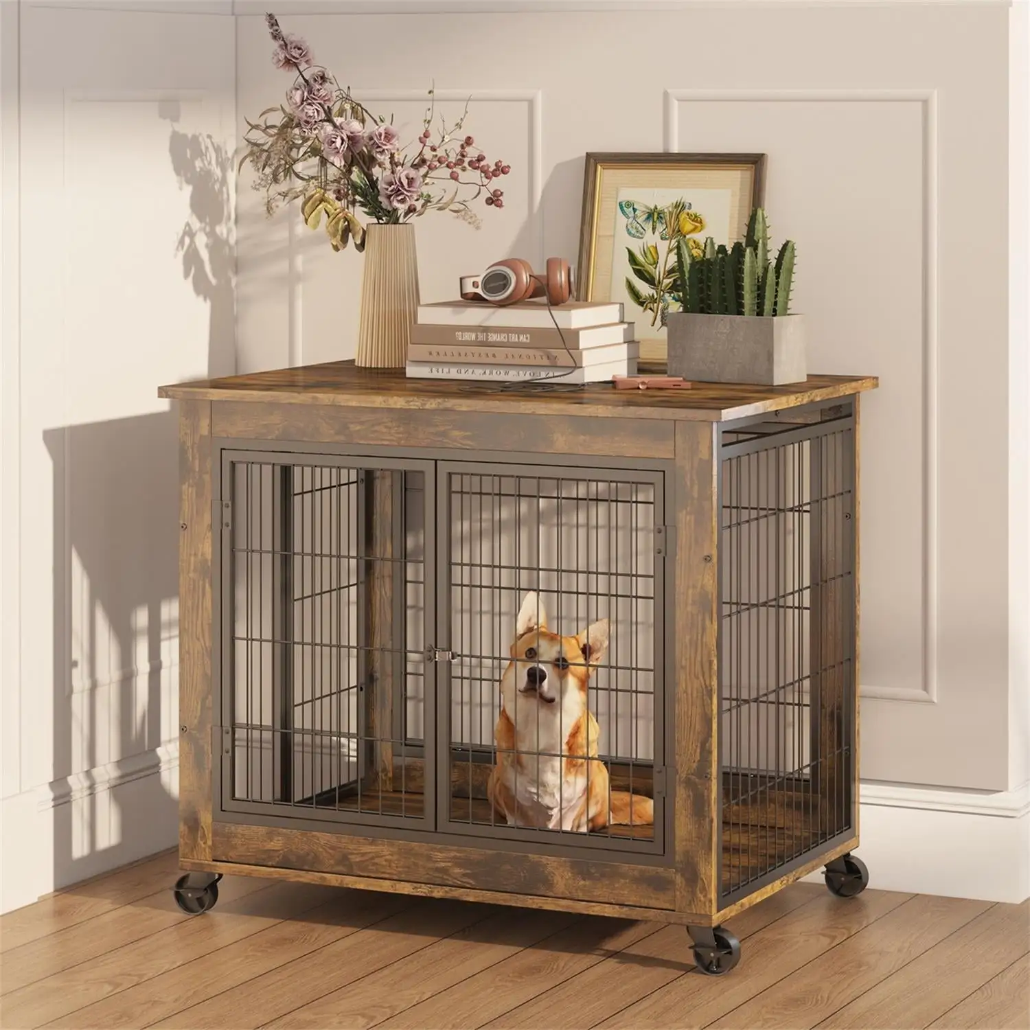 Pefilos 24 Dog Crate for Medium Dogs Furniture Dog Cage for Indoor Dog House with Double Doors and Lift Top with Casters. Brown