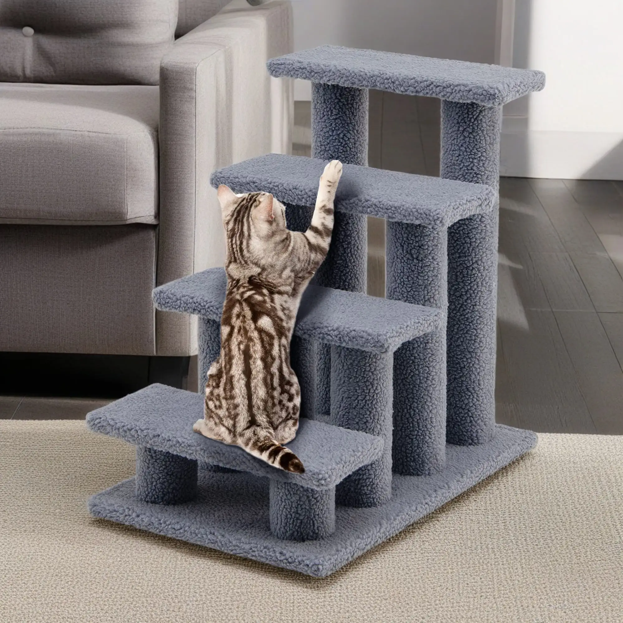 Pefilos 24 Pet Stairs for Small Pet. 4-Step Ramp for Beds and Couch with Non-Slip Carpeted Indoor Ladder. Cat Tree Climber. Gray