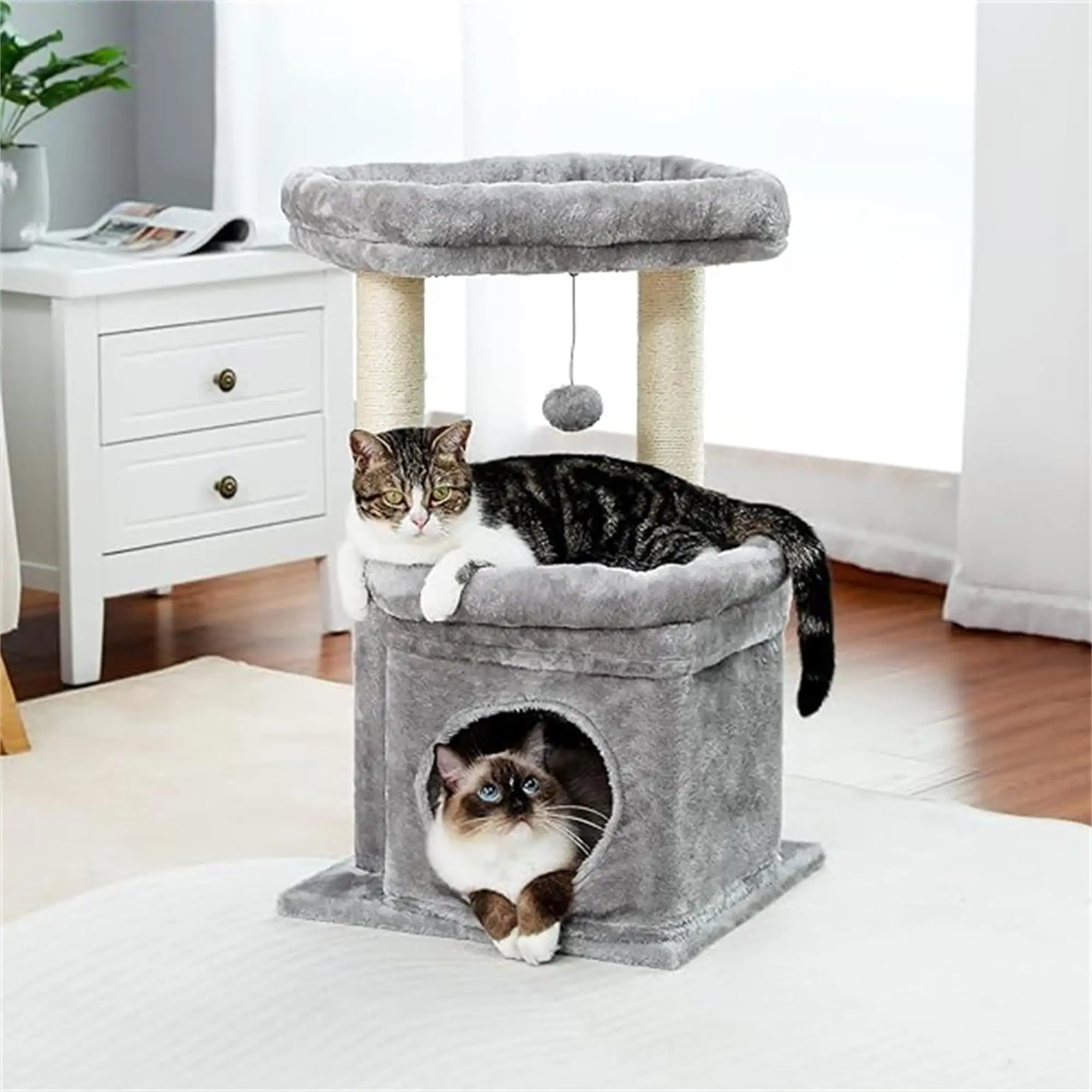 Pefilos 27 Cat Tree Tower for Indoor Cats with Private Cozy Cat Condo. Natural Sisal Scratching Posts and Plush Pom-pom for Small Cats. Gray