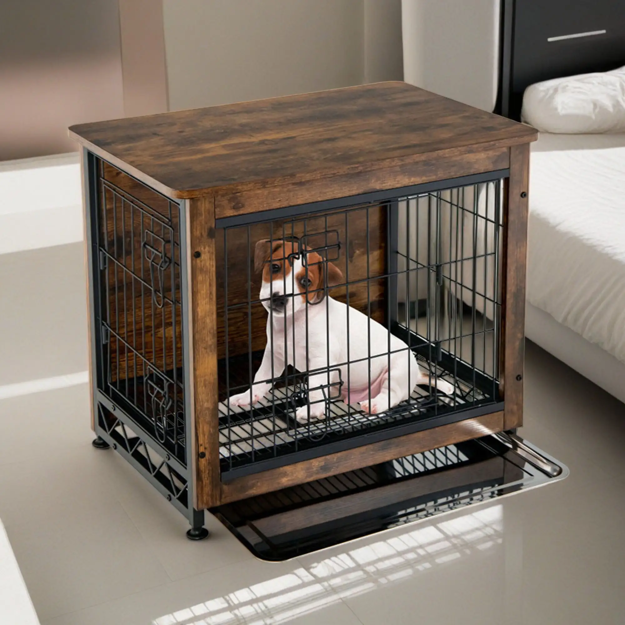 Pefilos 27 Dog Crate for Small Dogs with Tray and Double Door. Wood Dog Cages Furniture. Indoor Kennel. Brown