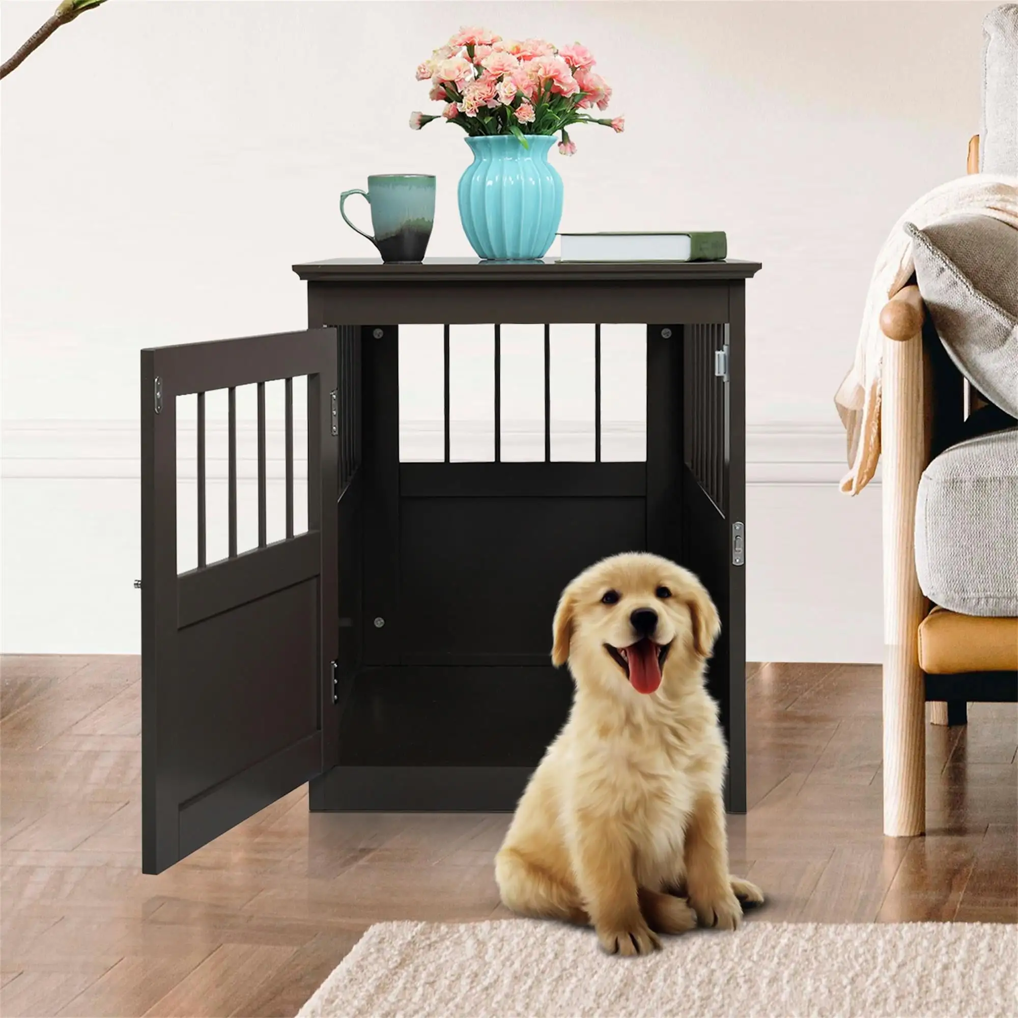 Pefilos 27 Dog Crates for Small and Medium Dogs. Wooden Dog Cage Furniture Table. Dog Kennel for Indoor. Dog House with Side Slats. Brown