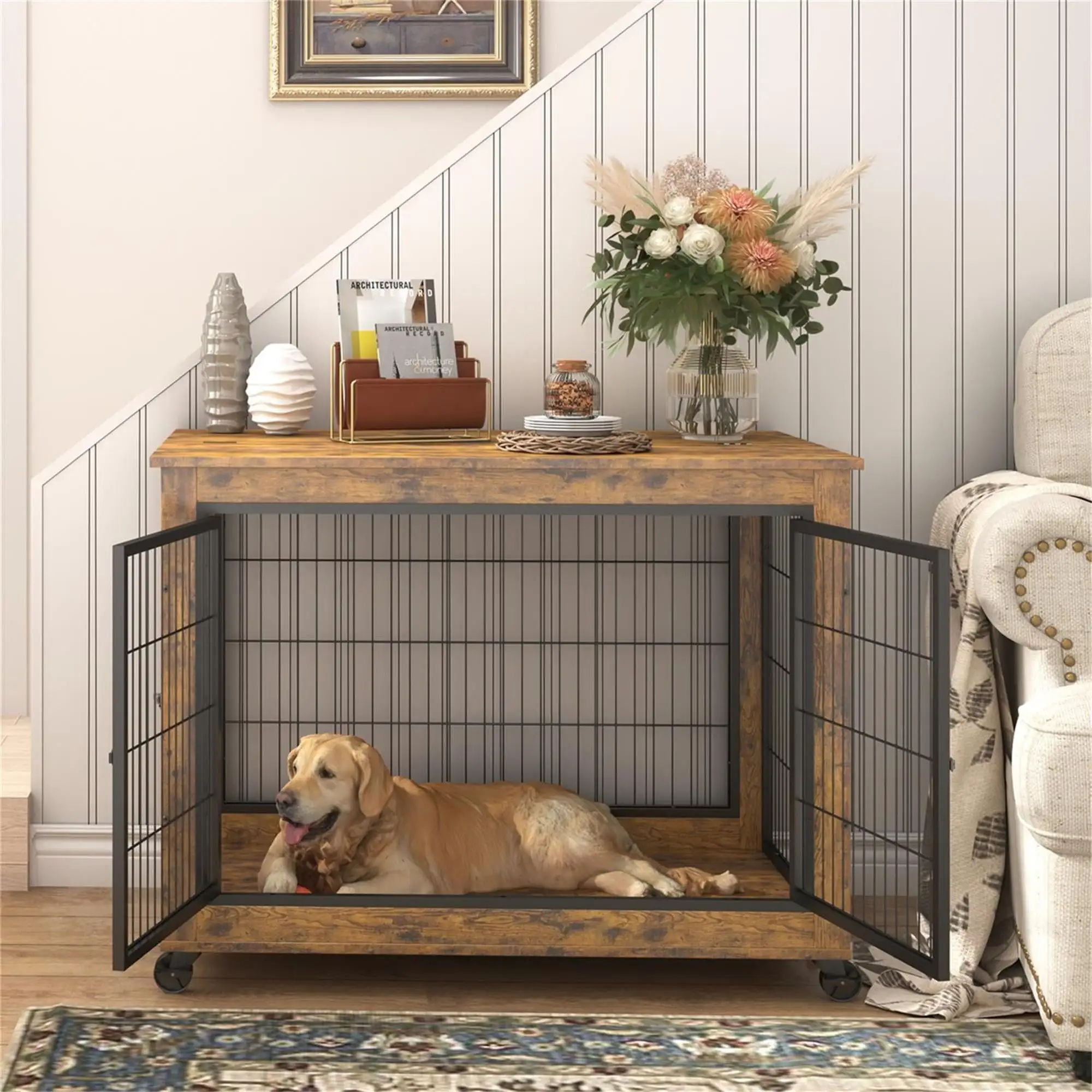 Pefilos 27 Inches Dog Crate Rustic Style Furniture Dog Cage Crate with Double Doors and Lift Top Heavy-Duty Kennel. Brown