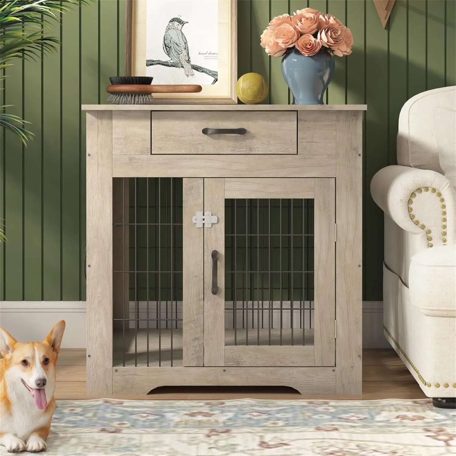 Pefilos 30 Dog Crate End Table Dog Cages with Drawer. Pet Kennels Cages with Double Doors Nightstand. Dog House Indoor Use Medium. Gray