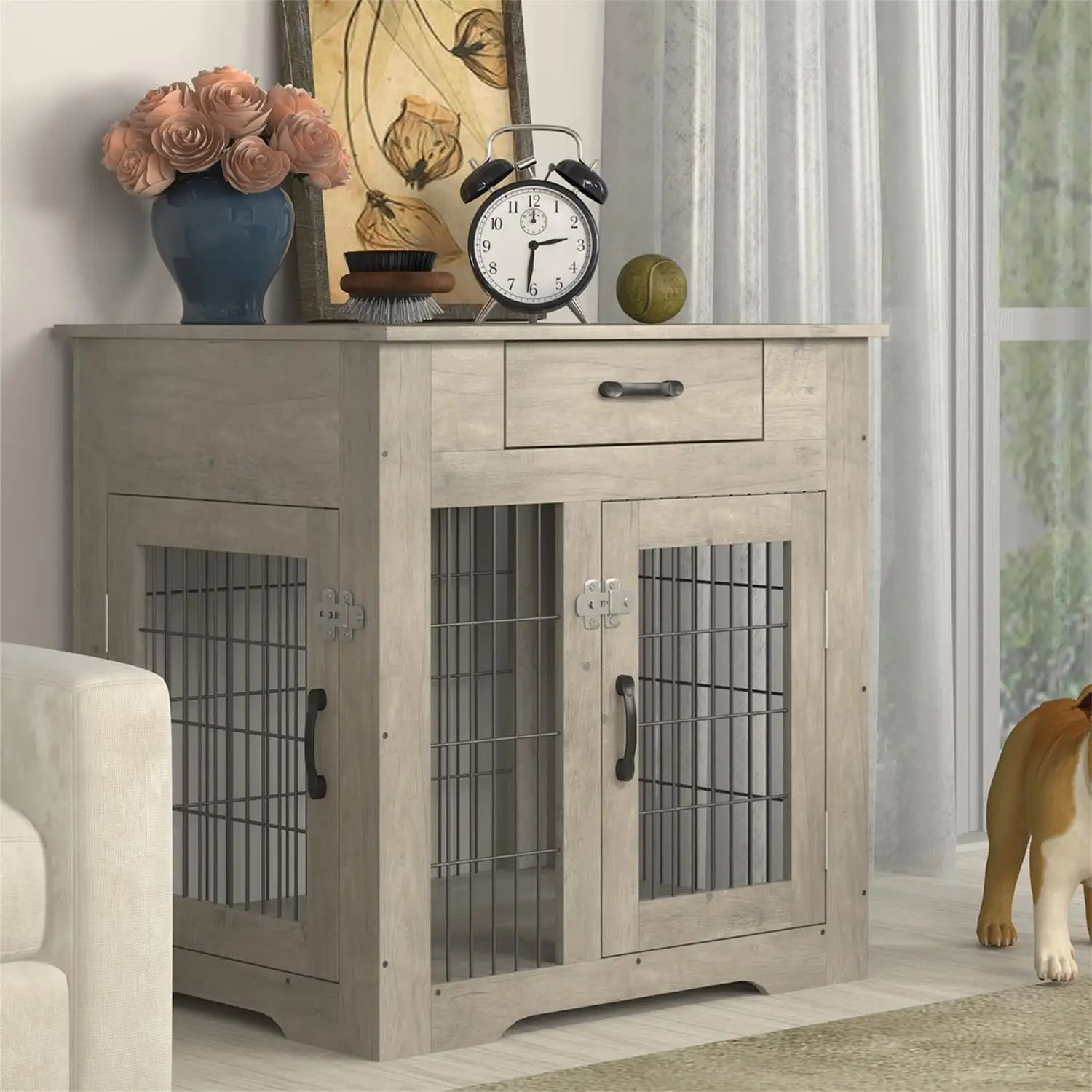 Pefilos 30 Inches Dog Cages Furniture Style Dog Crate End Table with Drawer. Pet Kennels with Double Doors Nightstand. Dog House Indoor Use Pet Cages for Dogs Medium. Gray