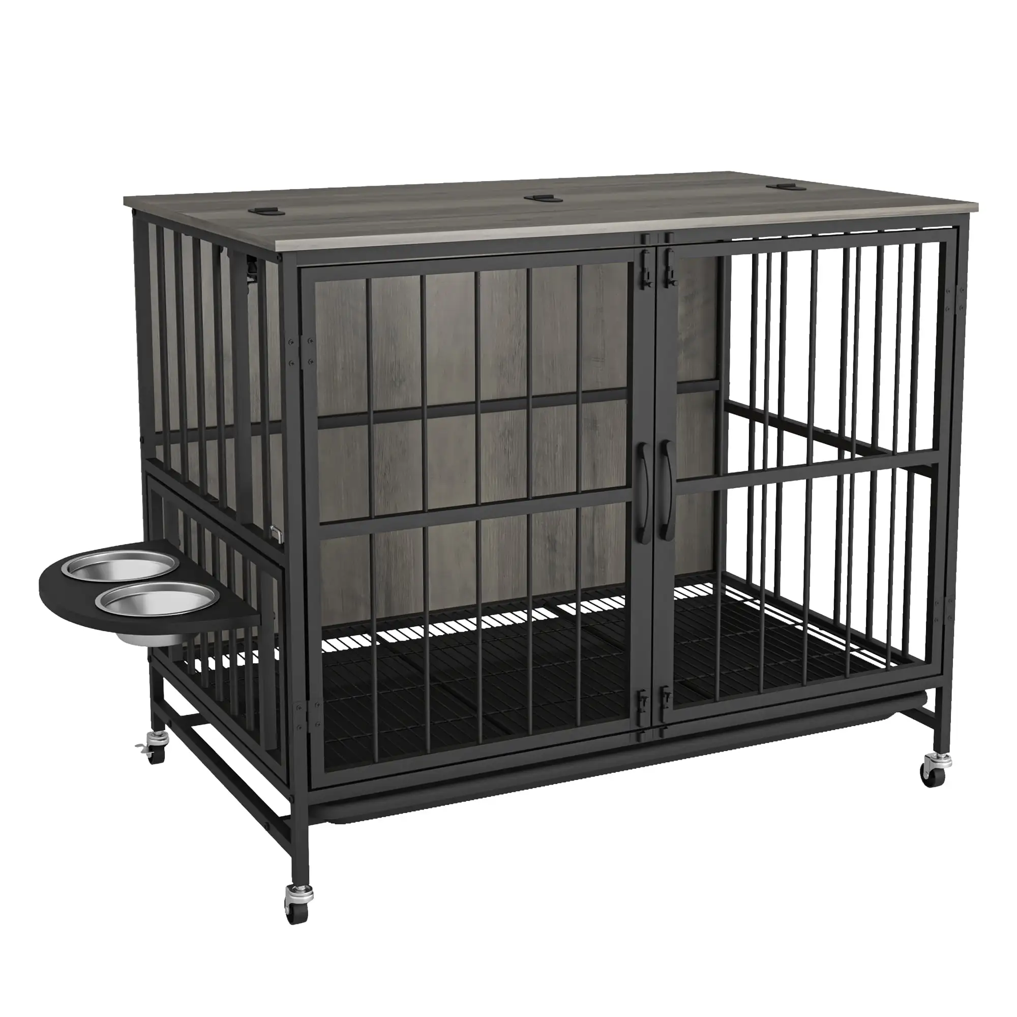 Pefilos 31.5 Dog Crate Furniture with Ttray. Indoor Wood Dog Cage with 3 Adjustable Height Feeding Bowls. Dog Kennel Houses. Gray