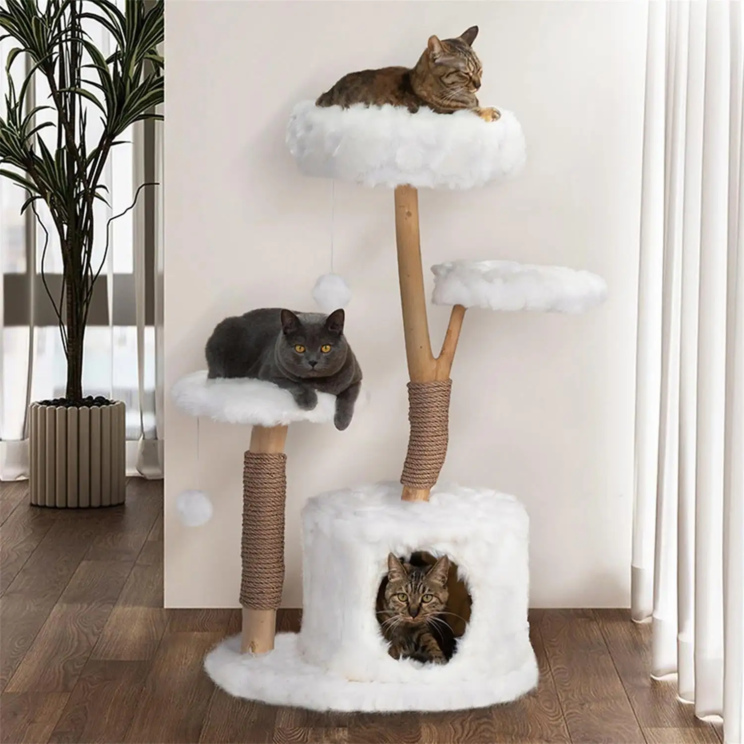 Pefilos 31.5 Modern Cat Tree Tower for Indoor Cats. Natural Branch Cat Furniture with Condo and Climbing Perches. Kitten Scratching Tree. White