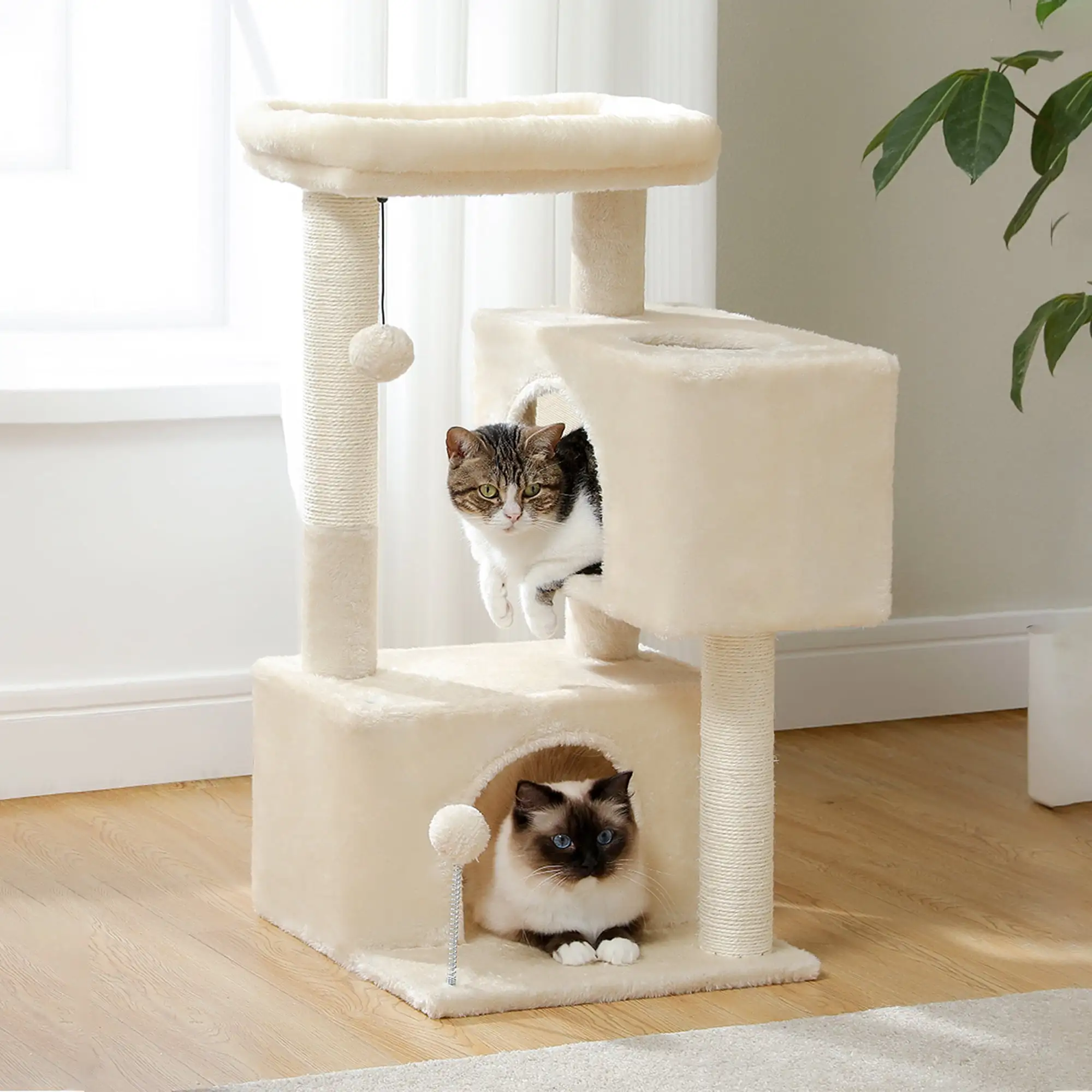 Pefilos 31 Multi-Level Cat Tree Tower. Cute Sisal Play House Climber Activity Centre Furniture with Scratching Posts Hammock Dangling Ball. Beige