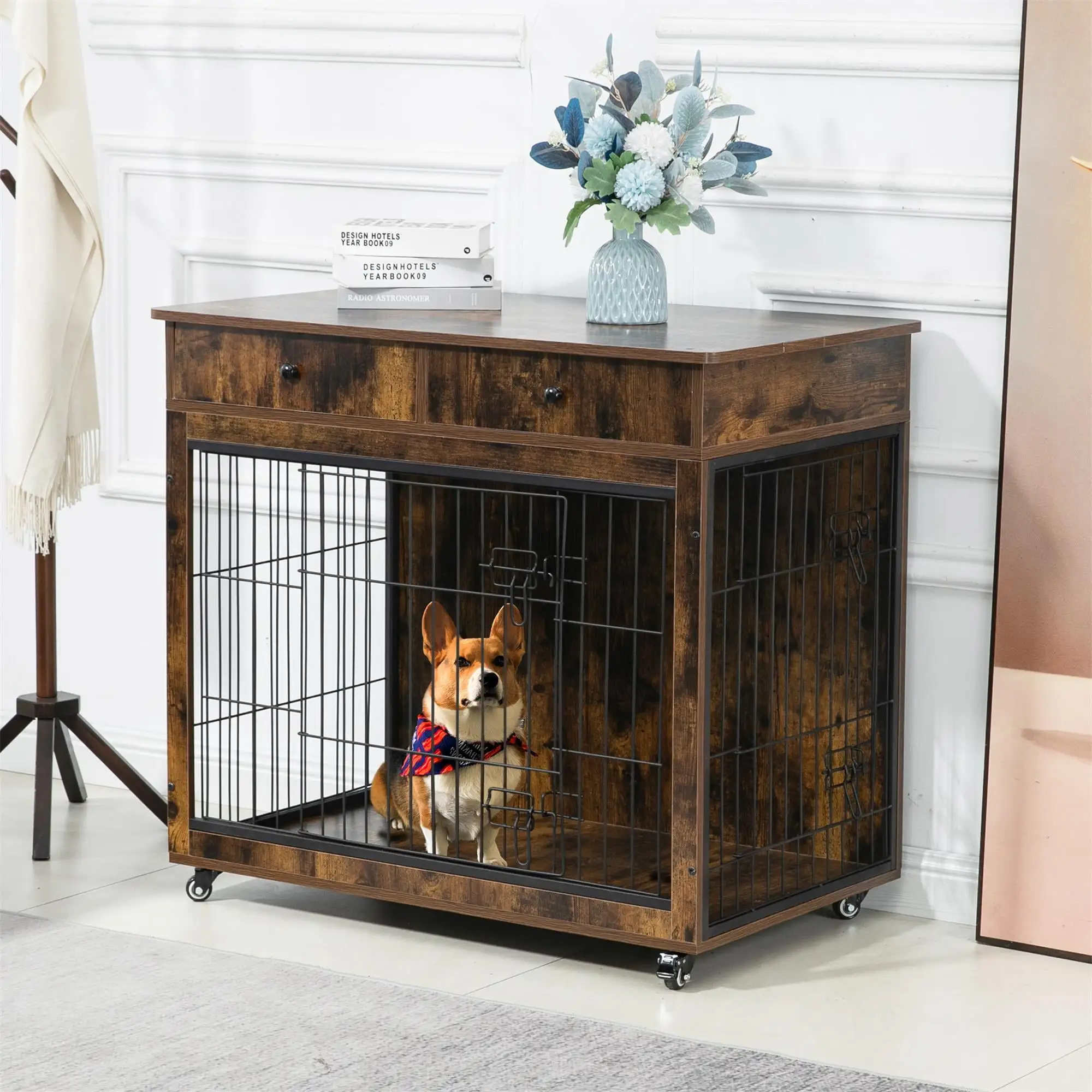 Pefilos 31 Wooden Dog Crate Furniture. Dog Kennel with Drawer. Indoor Dog House for Small Dog. Steel-Wire Dog Cage. Chew-Proof. Brown