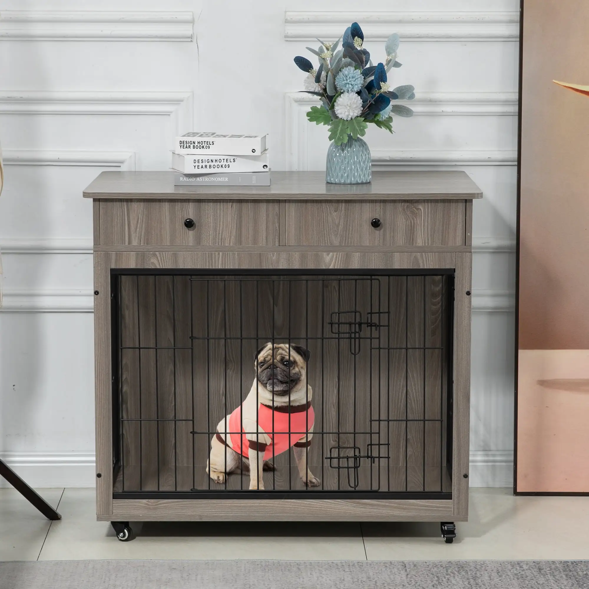 Pefilos 31 Wooden Dog Crate Furniture with 2 Drawers Storage. Indoor Dog Kennel. Heavy Duty Dog Cage for Small. Gray