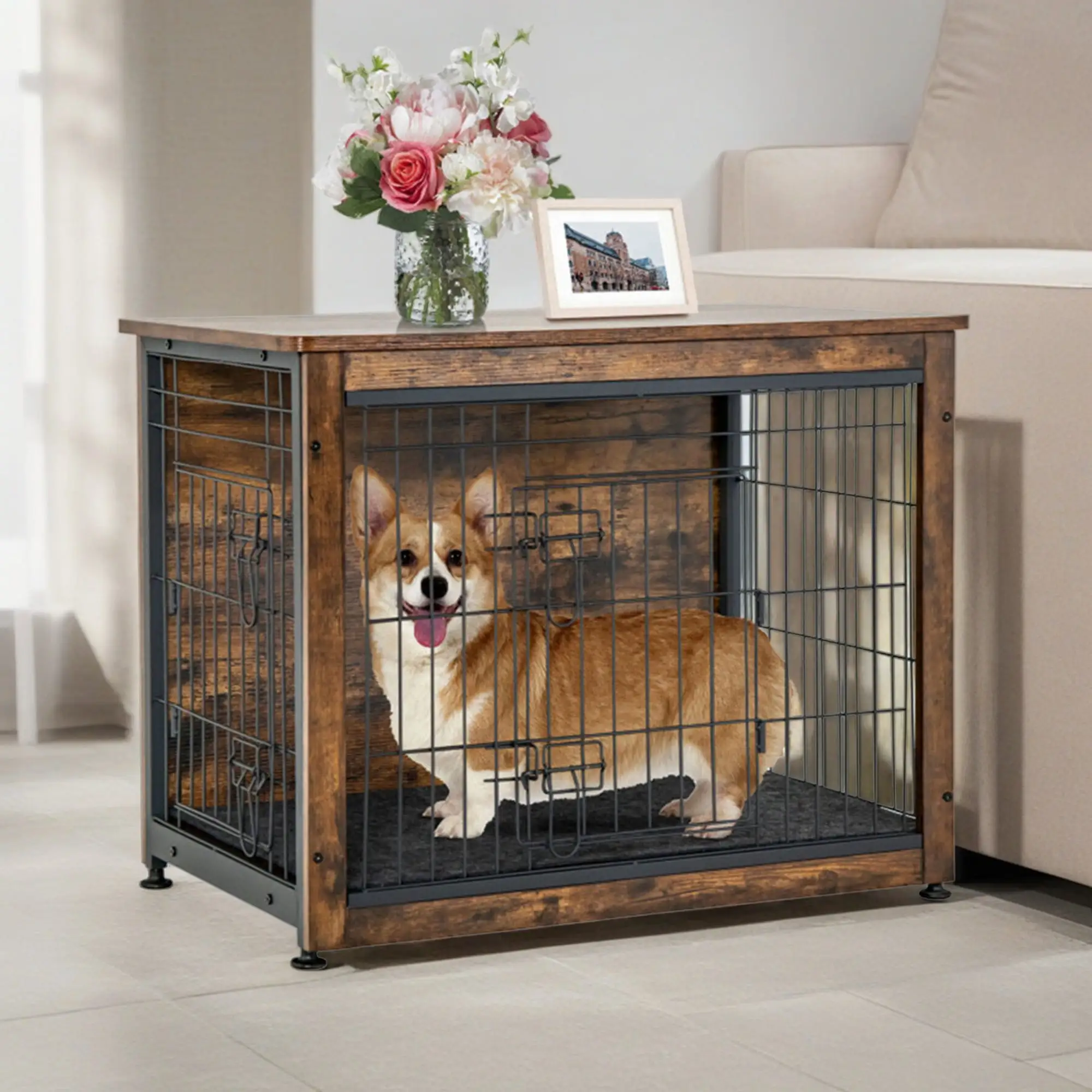 Pefilos 32 Dog Crates for Dogs with Tray and Double Door. Wood Indoor Dog Cages Furniture. Brown