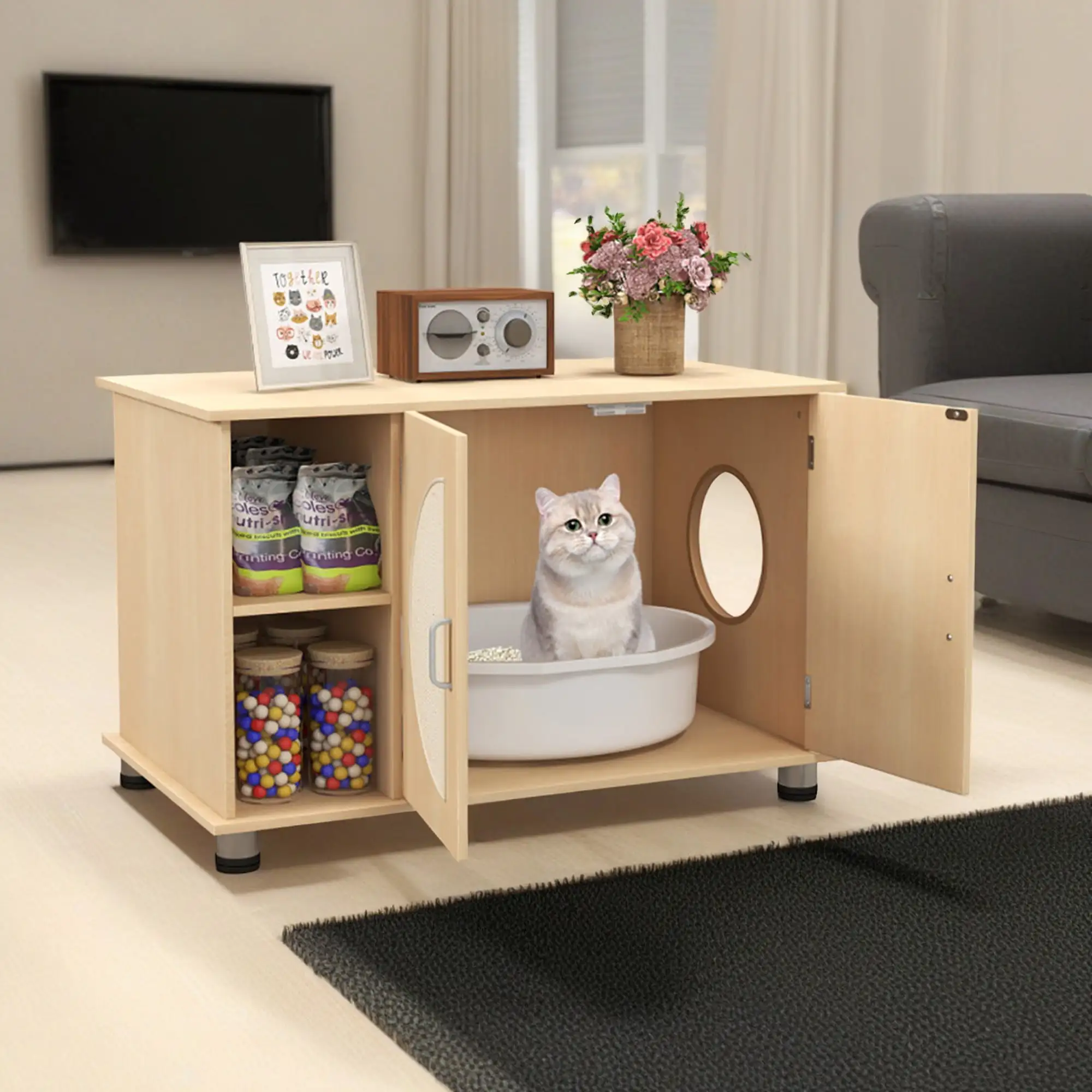 Pefilos 32 Wood Cat Litter Box Enclosure Furniture with Sisal Scratching Doors. Adjustable Metal Feet Cat Washroom Storage. Beige