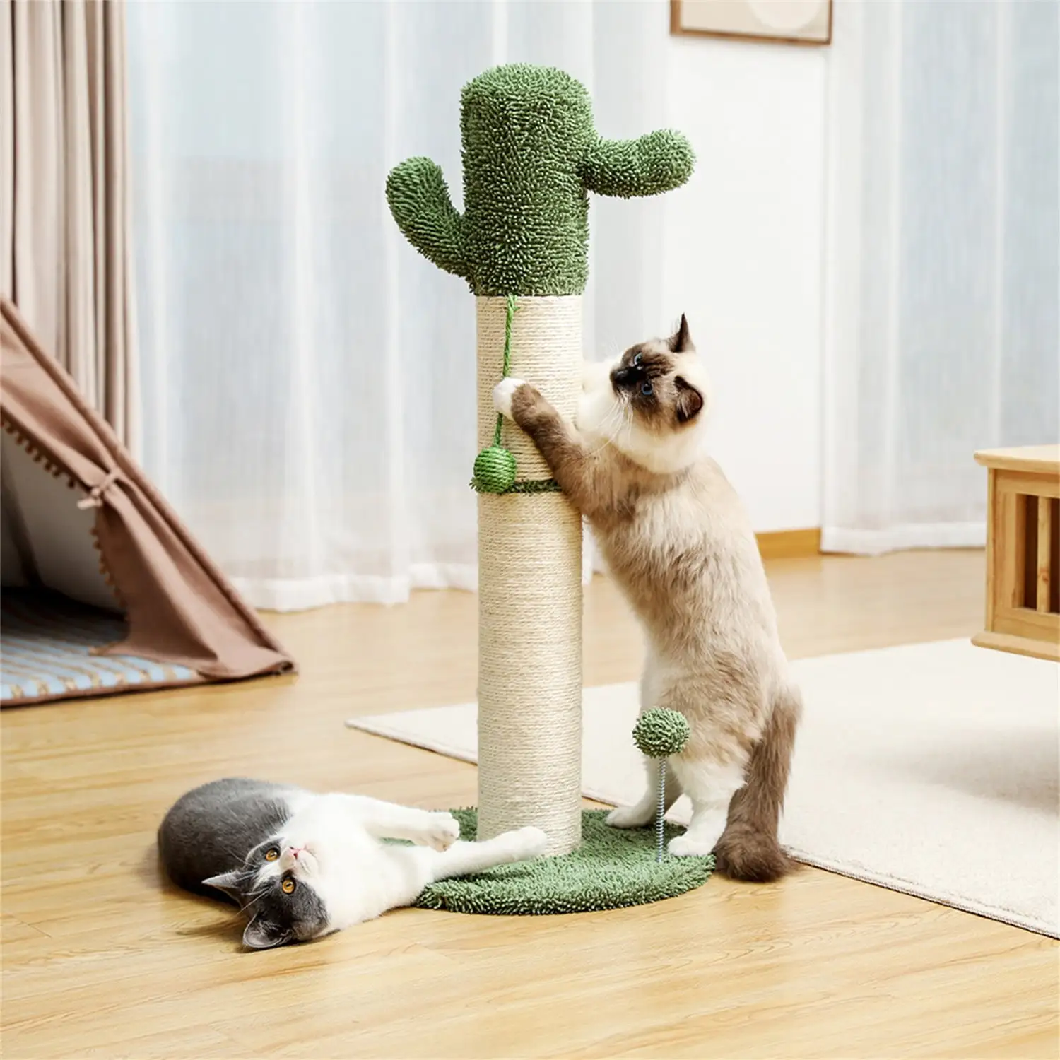 Pefilos 33 Cat Scratching Post for Large Cats with Sisal Rope Scratch Posts Cat Scratching Post for Furniture Interactive Ball Toys Vertical Scratcher for Indoor Cats Kitten Tree. White