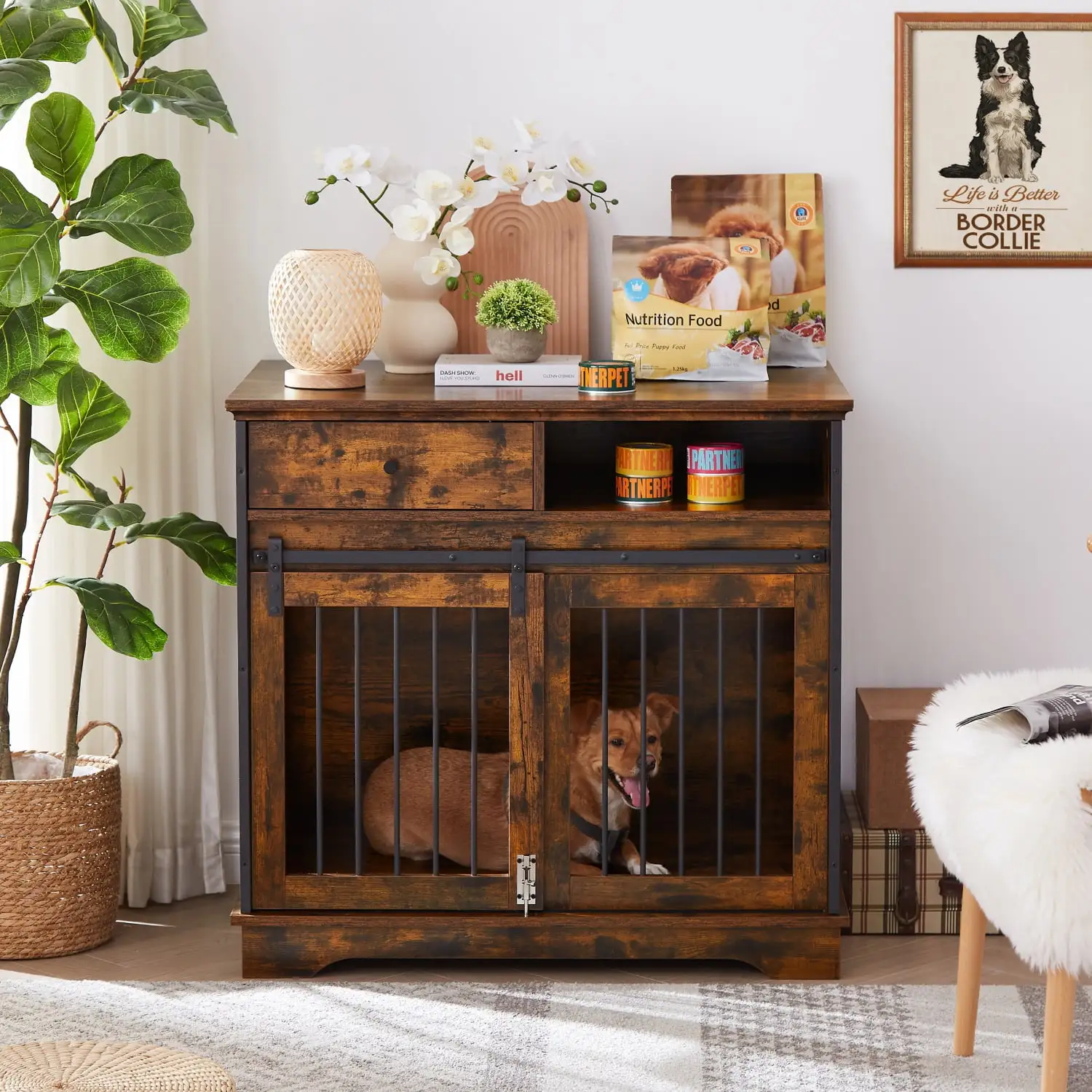 Pefilos 35 Sliding Door Dog Crate with Drawers. Wooden Dog Kennel End Table. Decorative Furniture Dog Crate. Brown